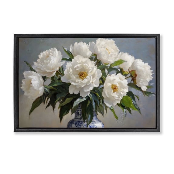 Stupell Industries French Country In Full Bloom White Peonies Black Floating Frame Canvas Art, 25 x 17, by Petals Prints Design