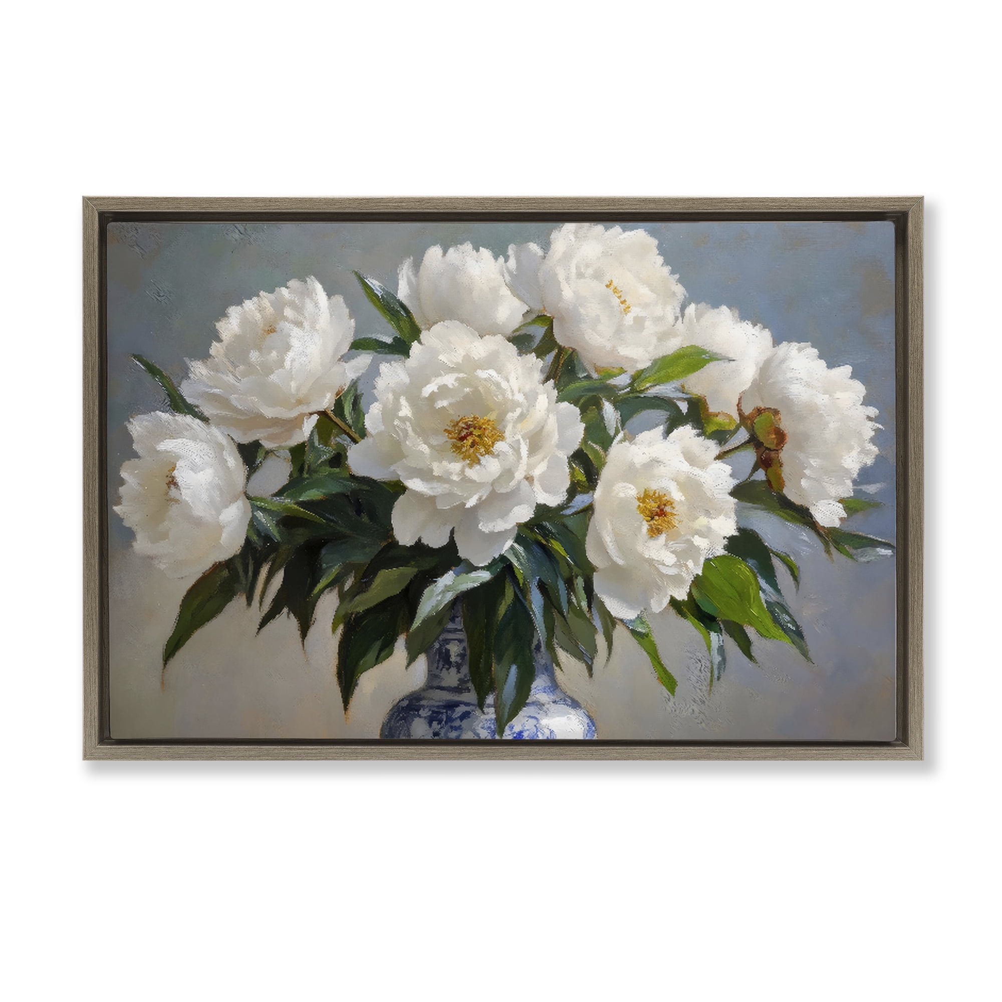 Stupell Industries In Full Bloom White Peonies Brown Framed Floater Canvas Wall Art, design by Petal Prints Design
