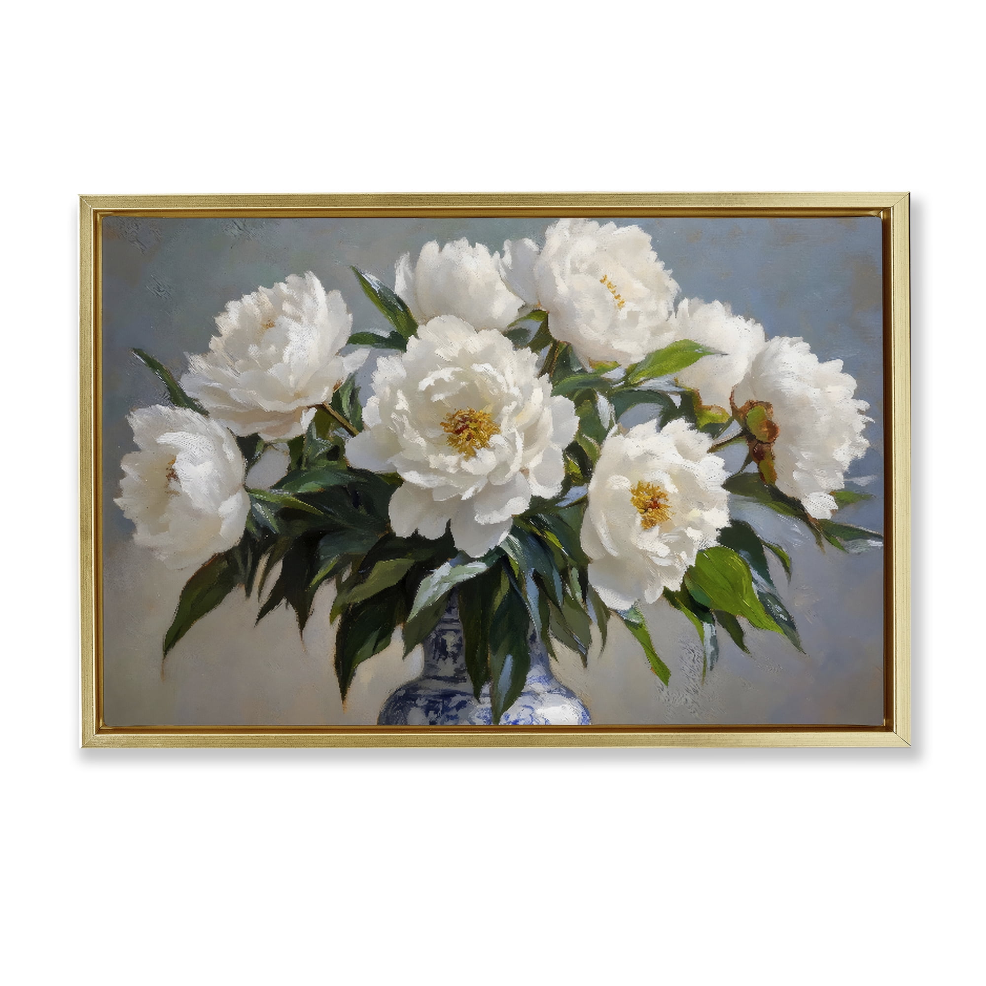 Stupell Industries In Full Bloom White Peonies Gold Framed Floater Canvas Wall Art, design by Petal Prints Design