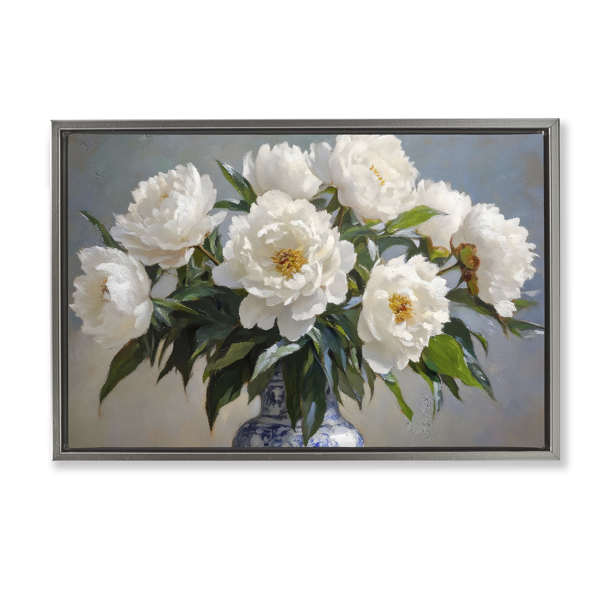 Stupell Industries In Full Bloom White Peonies Gray Framed Floater Canvas Wall Art, design by Petal Prints Design