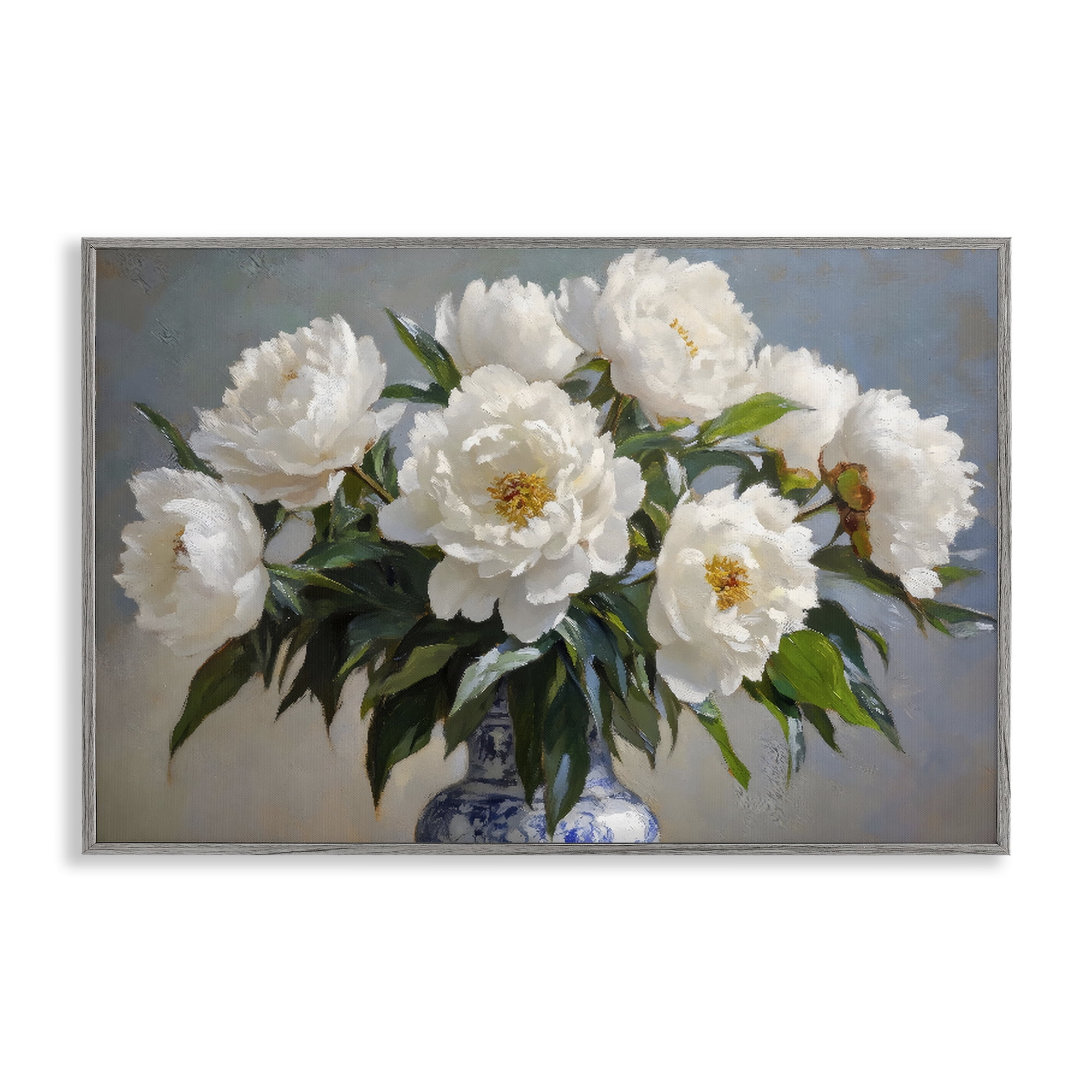 Stupell Industries In Full Bloom White Peonies Gray Framed Giclee Art, design by Petal Prints Design