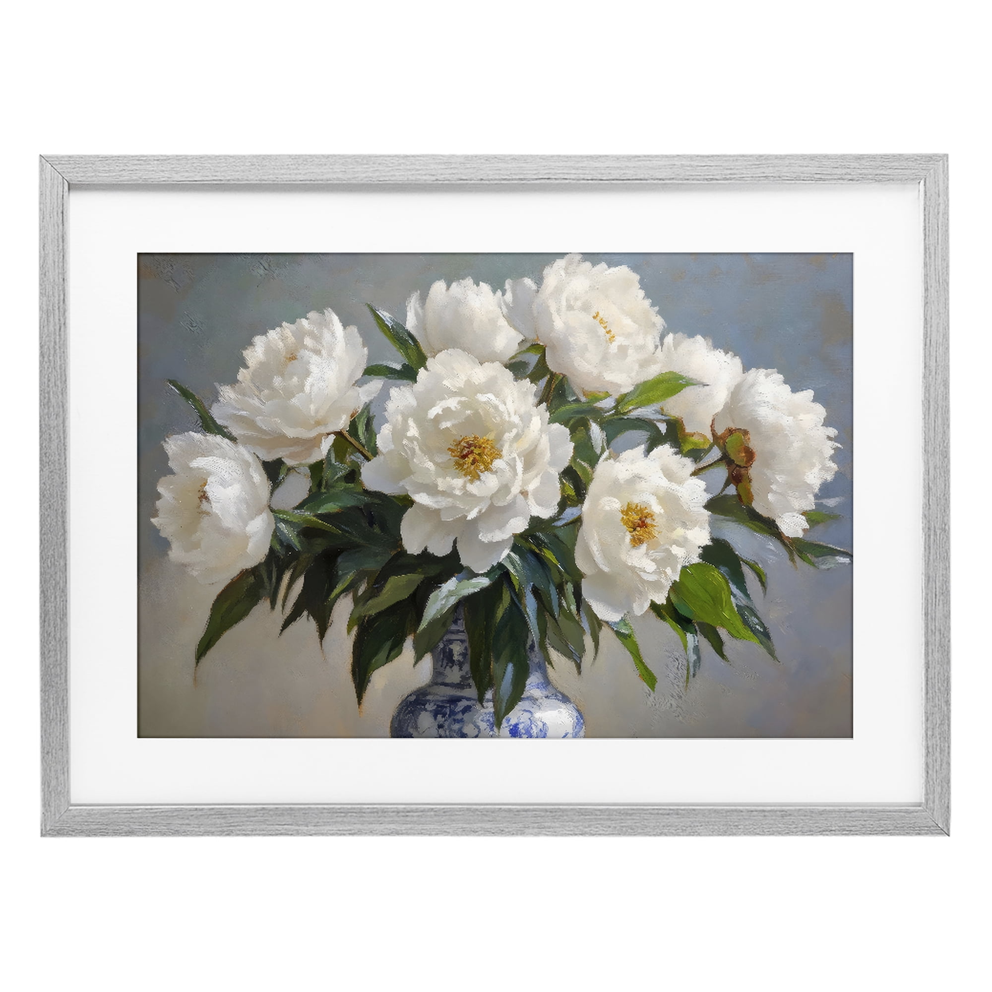 Stupell Industries In Full Bloom White Peonies Gray Framed Print Under Glass, design by Petal Prints Design