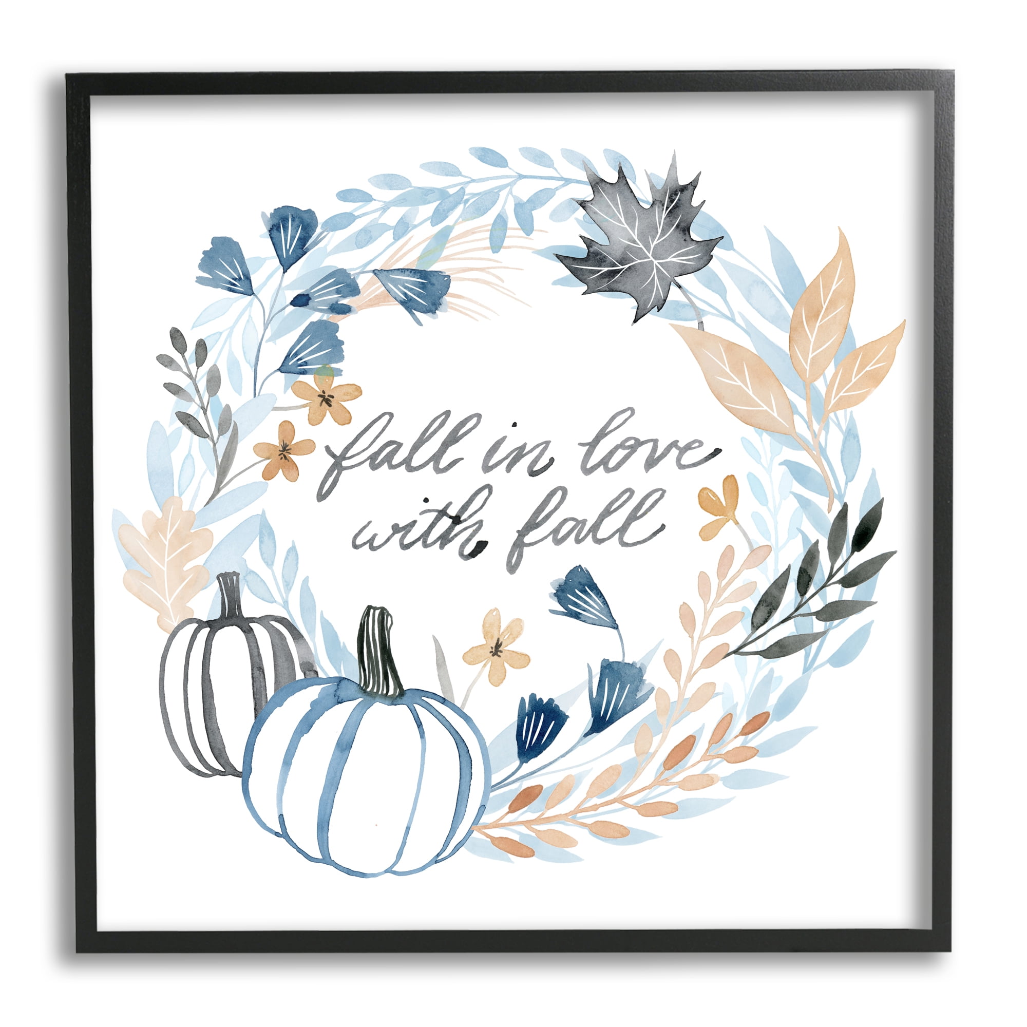 Stupell Industries In Love with Fall Blue Autumn Foliage Wreath Inspirational Painting Black Framed Art Print Wall Art, 12 x 12