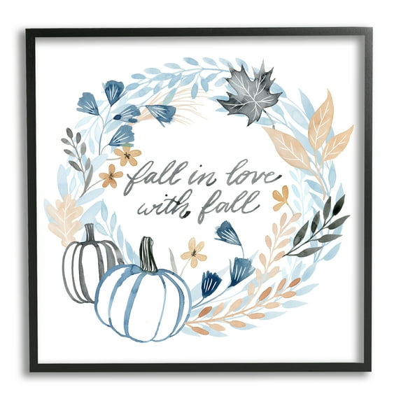 Stupell Industries In Love with Fall Blue Autumn Foliage Wreath Inspirational Painting Black Framed Art Print Wall Art, 24 x 24