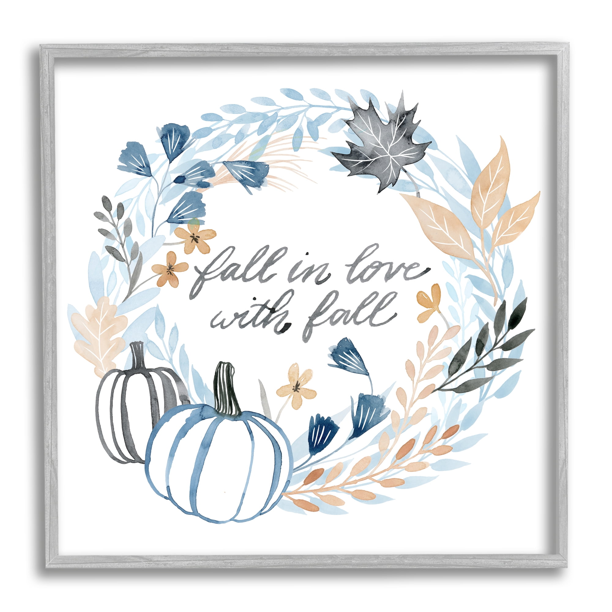 Stupell Industries In Love with Fall Blue Autumn Foliage Wreath Inspirational Painting Gray Framed Art Print Wall Art, 12 x 12