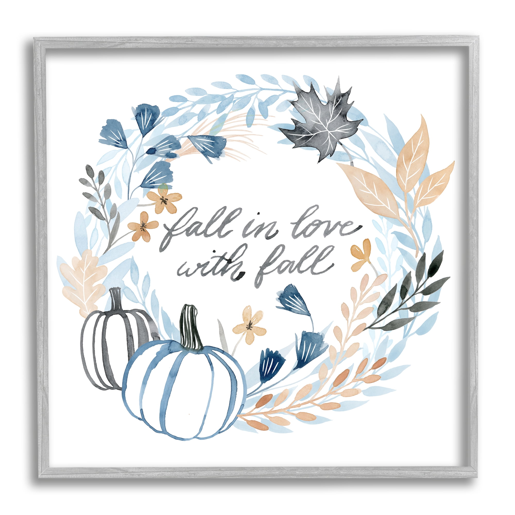 Stupell Industries In Love with Fall Blue Autumn Foliage Wreath Inspirational Painting Gray Framed Art Print Wall Art, 24 x 24