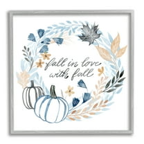 Stupell Industries In Love with Fall Blue Autumn Foliage Wreath Inspirational Painting Gray Framed Art Print Wall Art, 24 x 24