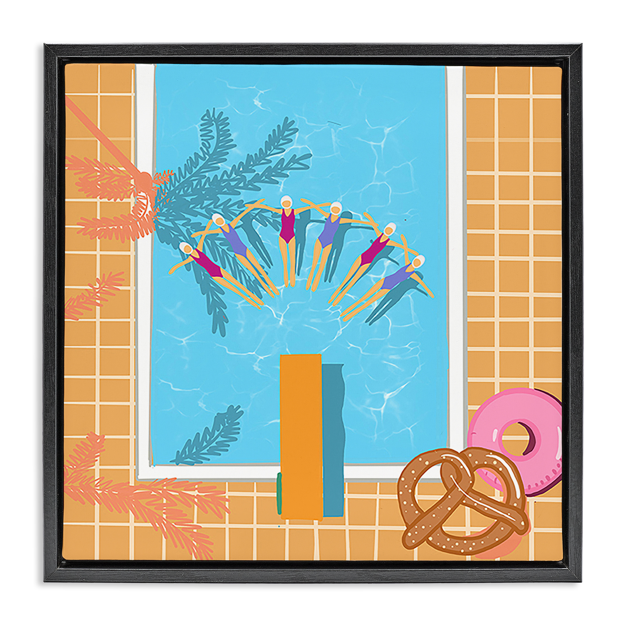 Stupell Industries In Sync Pool Swimmers People Painting Black Floater Framed Canvas Art Print Wall Art, 18 x 18