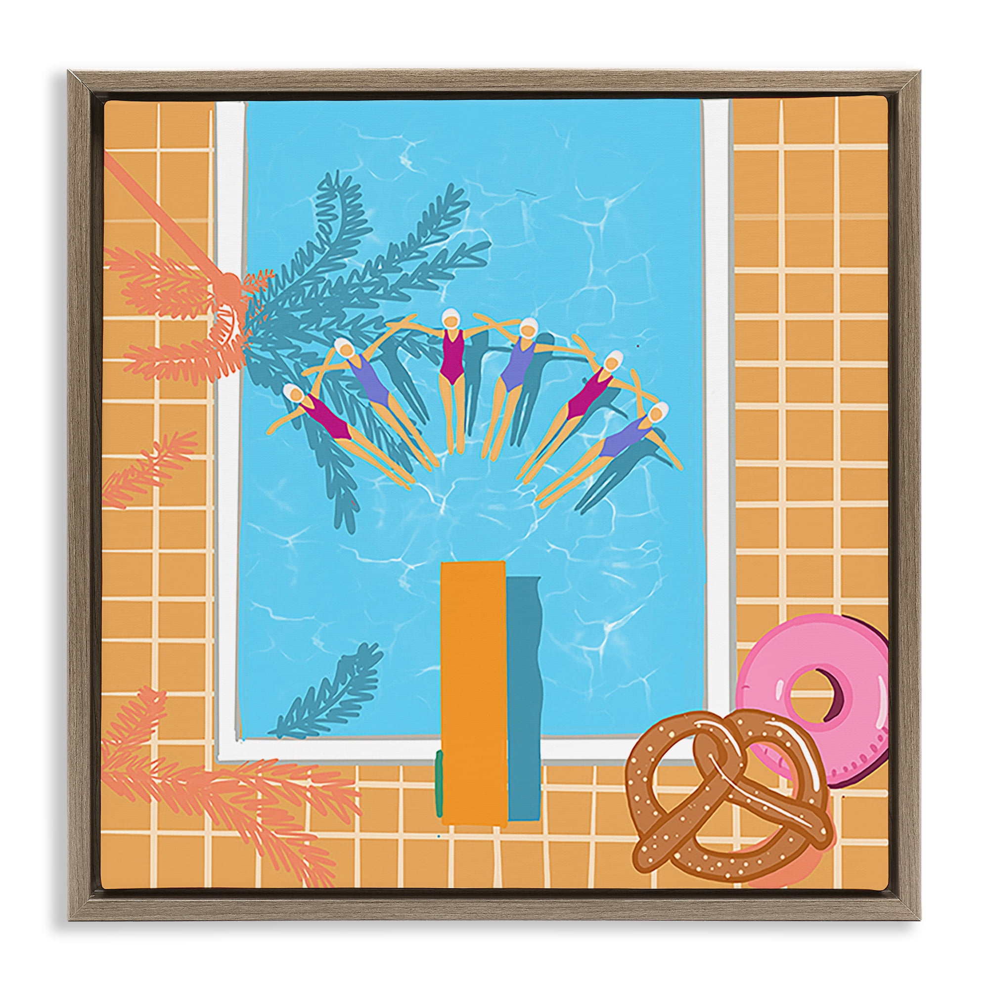 Stupell Industries In Sync Pool Swimmers People Painting Brown Floater Framed Canvas Art Print Wall Art, 18 x 18