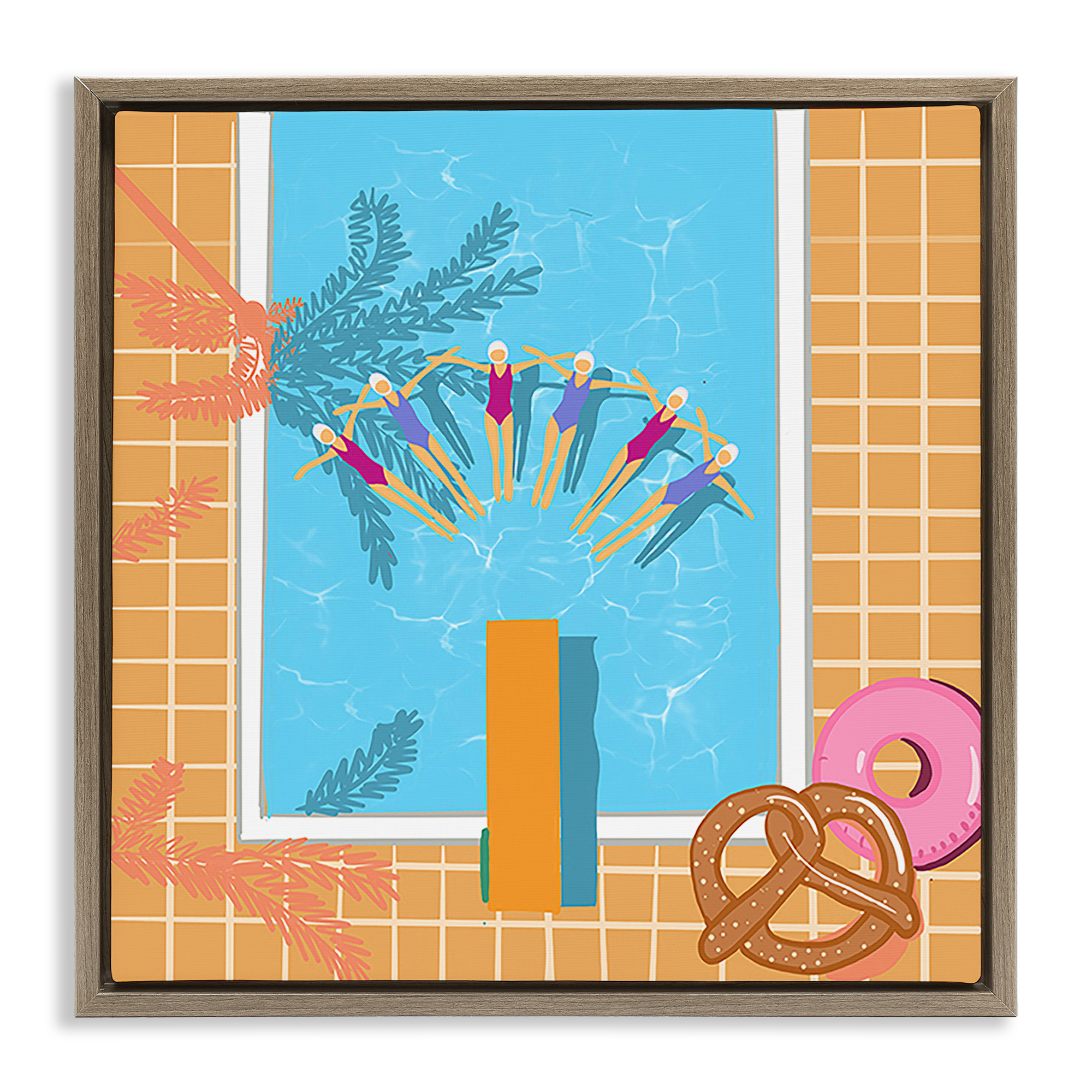 Stupell Industries In Sync Pool Swimmers People Painting Brown Floater Framed Canvas Art Print Wall Art, 25 x 25