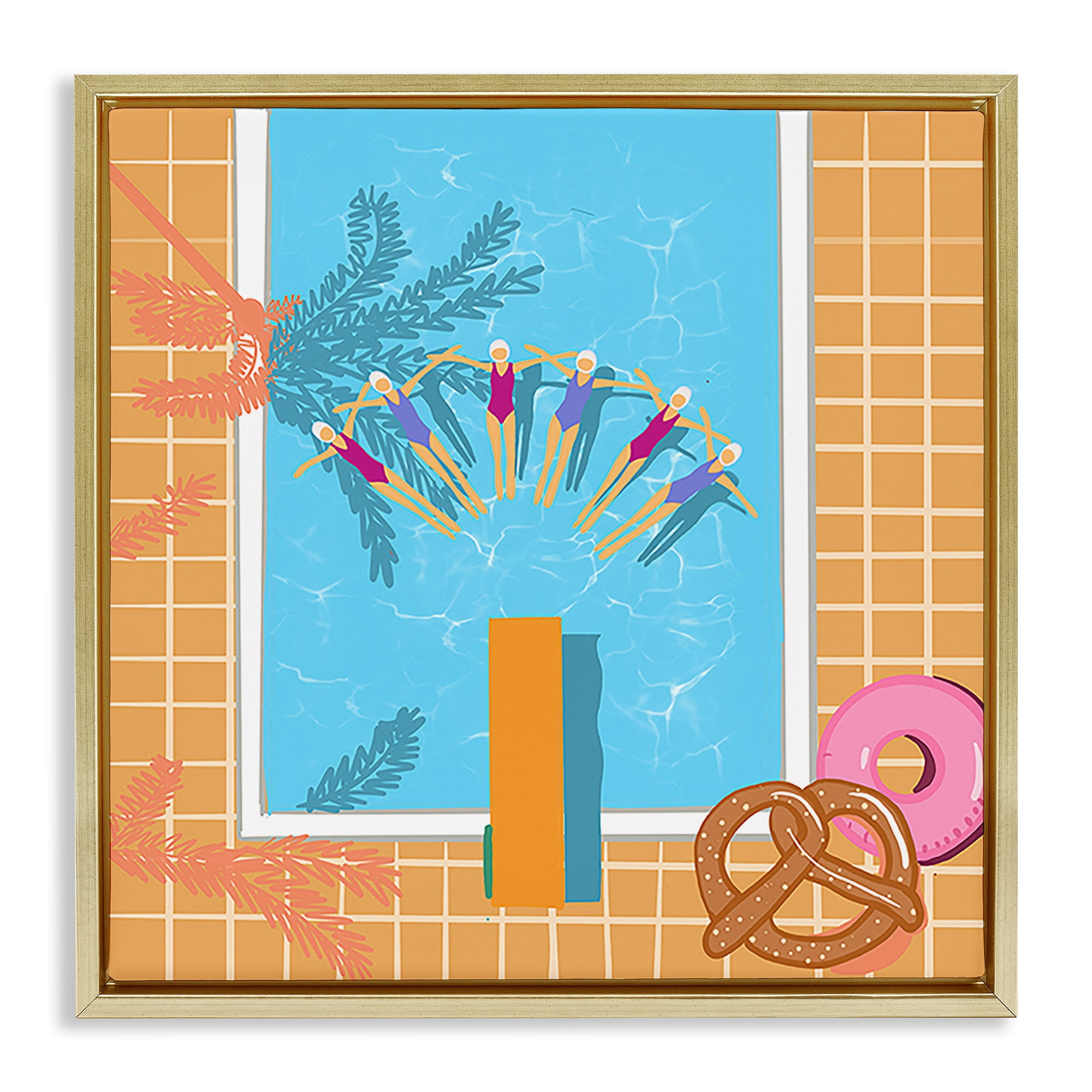 Stupell Industries In Sync Pool Swimmers People Painting Gold Floater Framed Canvas Art Print Wall Art, 25 x 25