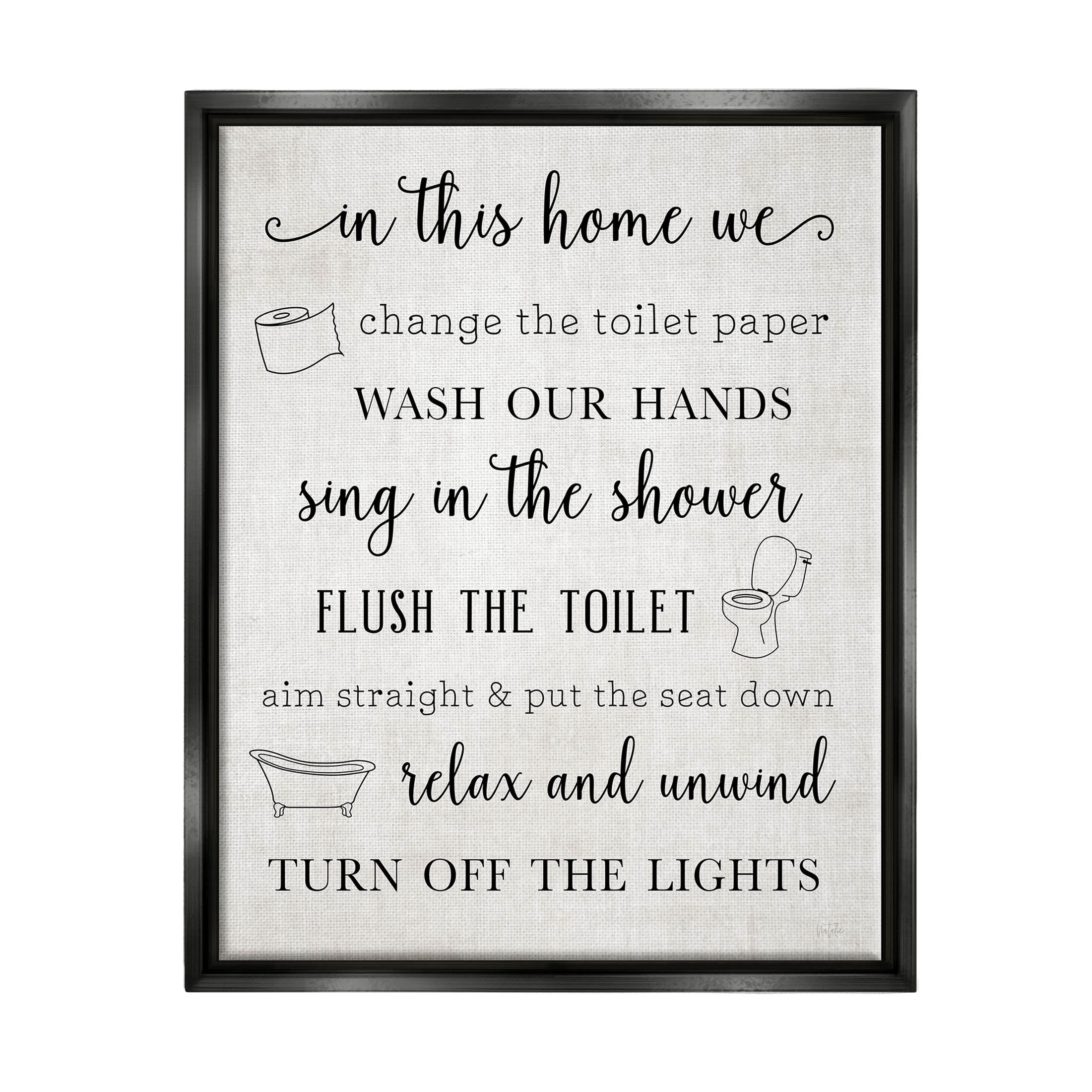 Stupell Industries In This Home Bathroom Rules Graphic Art Jet Black Floating Framed Canvas Print Wall Art, Design by Natalie Carpentieri