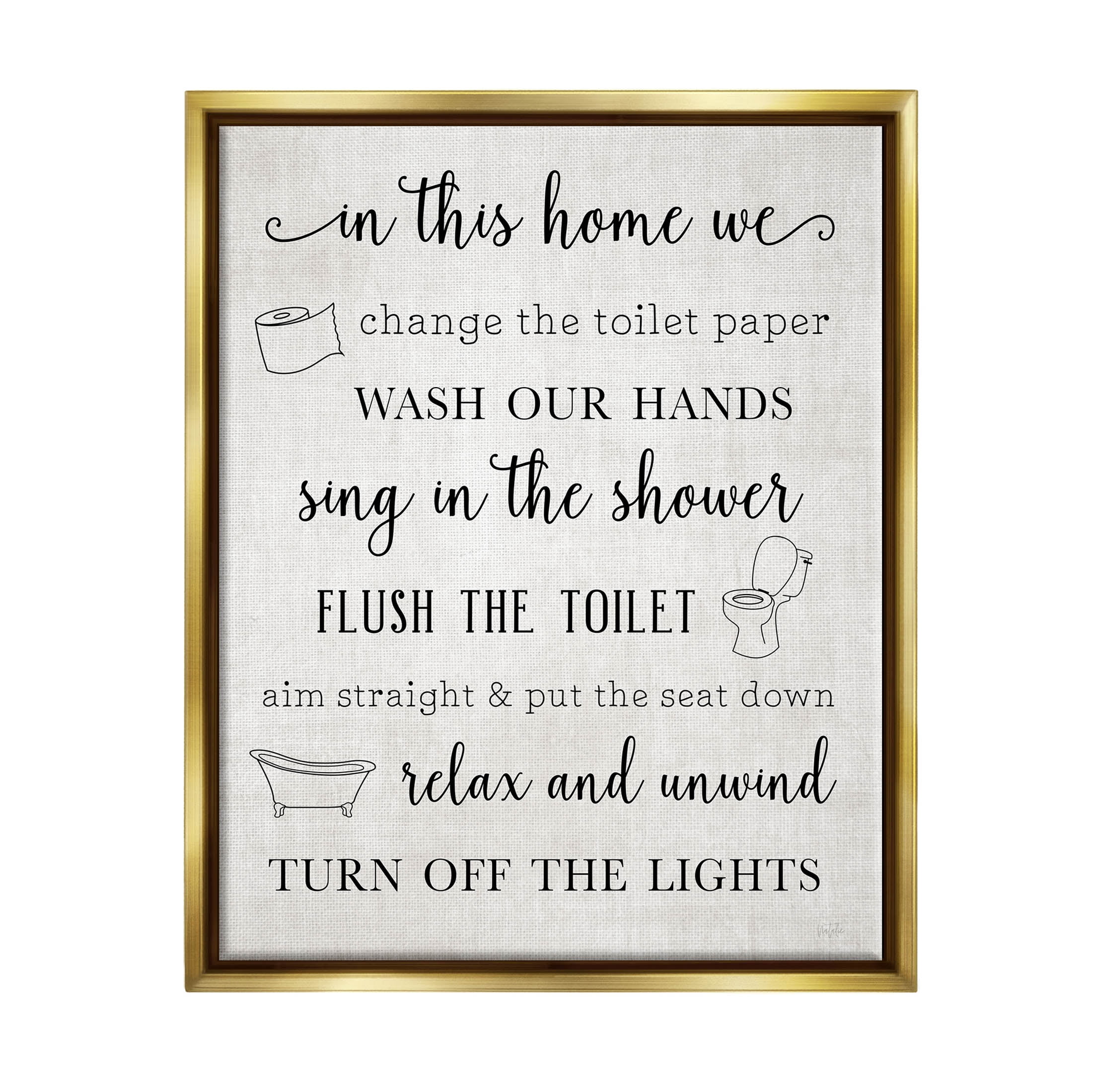 Gold Framed Bathroom Rules Canvas Art, 21" x 17"