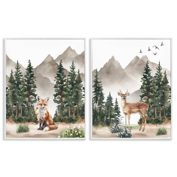 Stupell Industries In the Woods Animals Animals Painting White Framed Art Print Wall Art, 16 x 20, Set of 2