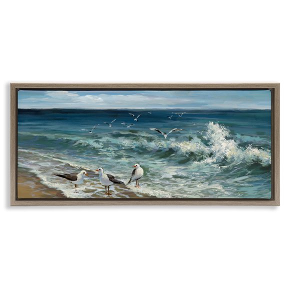 Stupell Industries Transitional Incoming Beach Tide Seagulls Brown Floating Frame Canvas Art, 25 x 11, by Heather Hayes