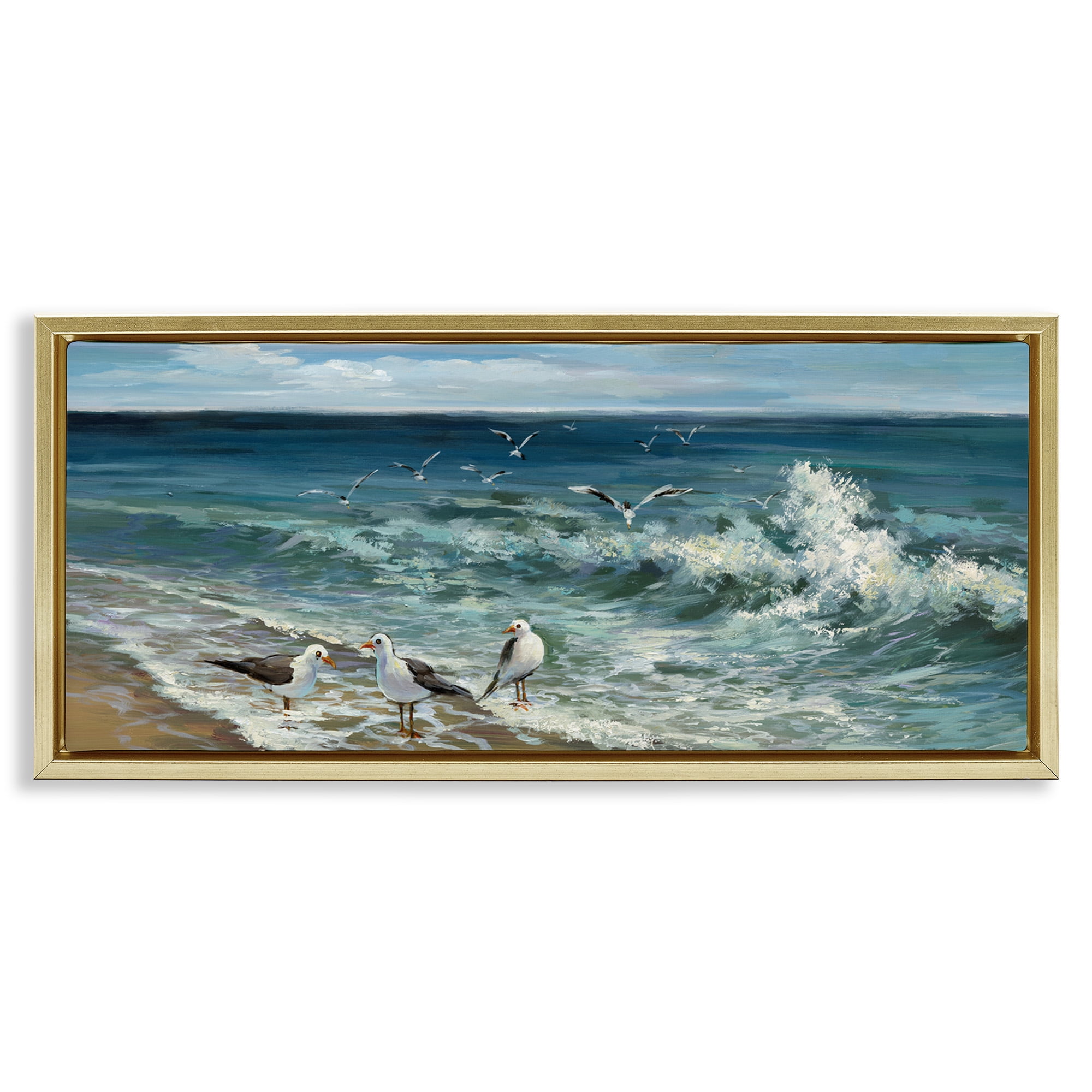 Stupell Industries Incoming Beach Tide Seagulls Nature Painting Gold Floater Framed Canvas Art Print Wall Art, 25 x 11