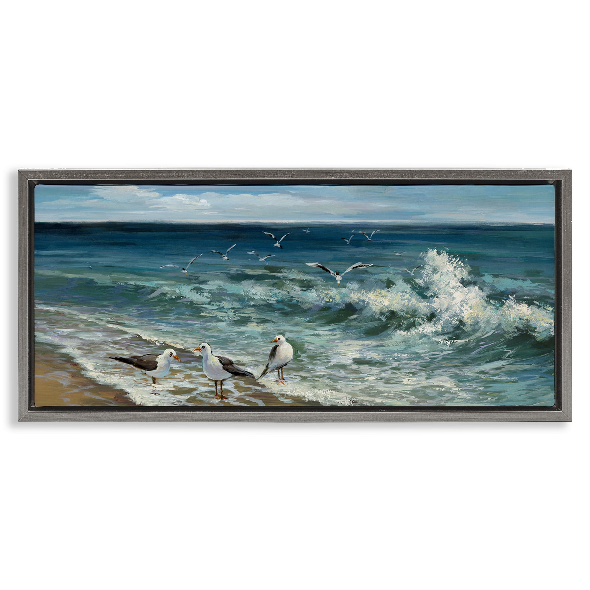 Stupell Industries Incoming Beach Tide Seagulls Nature Painting Gray Floater Framed Canvas Art Print Wall Art, 25 x 11