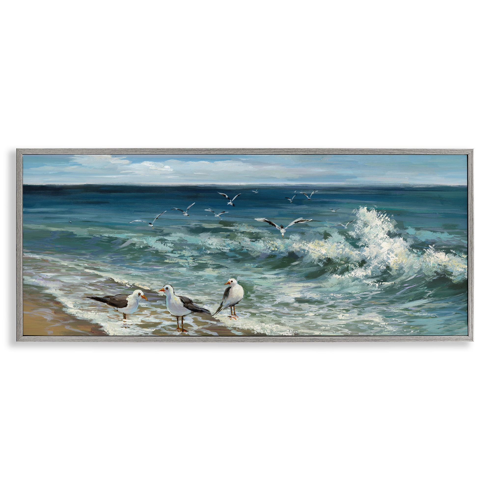 Stupell Industries Incoming Beach Tide Seagulls Nature Painting Gray Framed Art Print Wall Art, 30 x 13