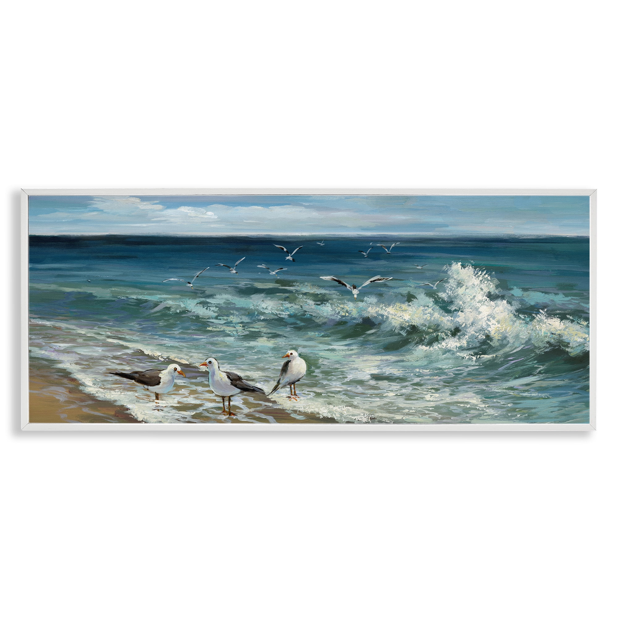 Stupell Industries Incoming Beach Tide Seagulls Nature Painting White Framed Art Print Wall Art, 24 x 10