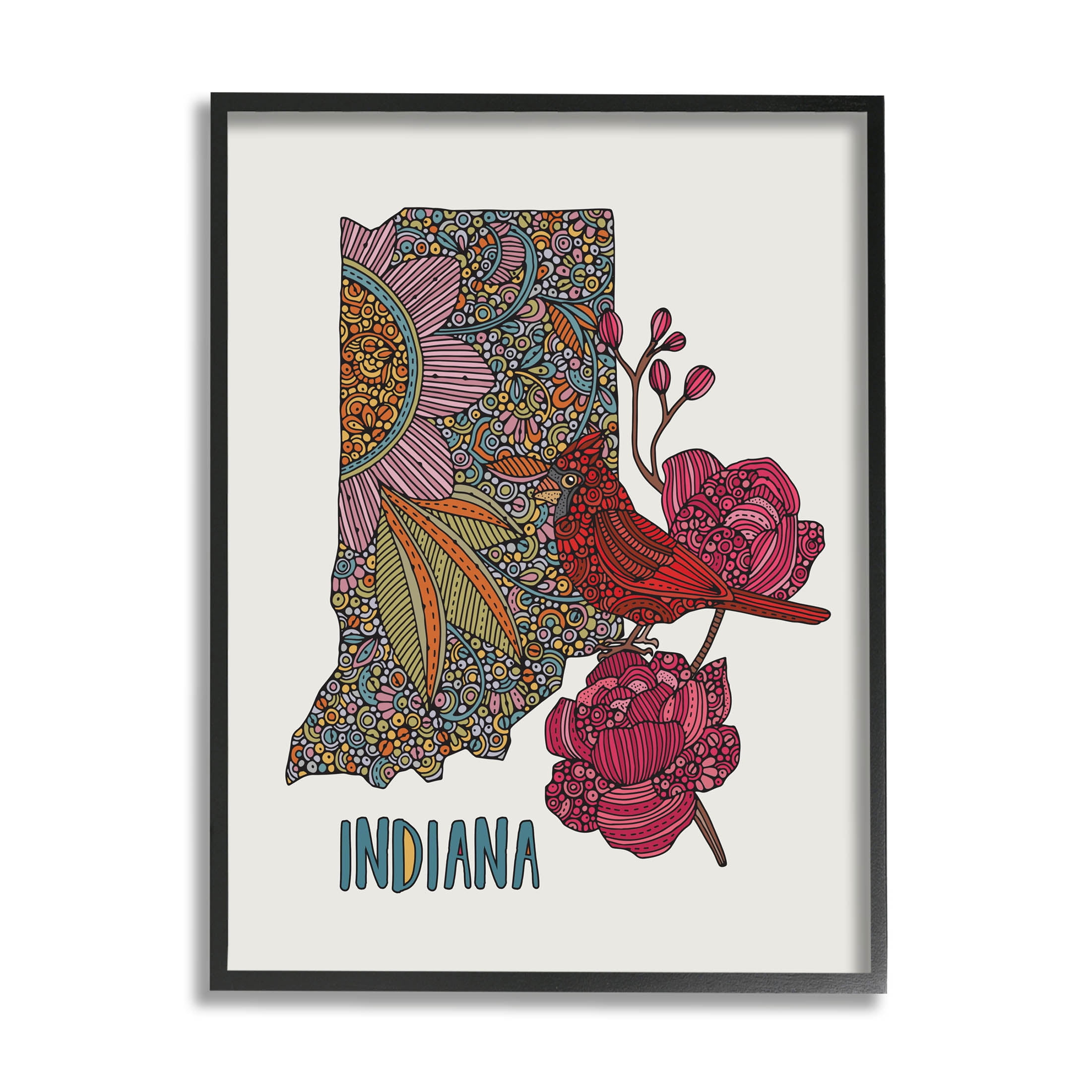 Stupell Industries Indiana State Bird Florals Graphic Art Black Framed Art Print Wall Art, Design by Valentina Harper