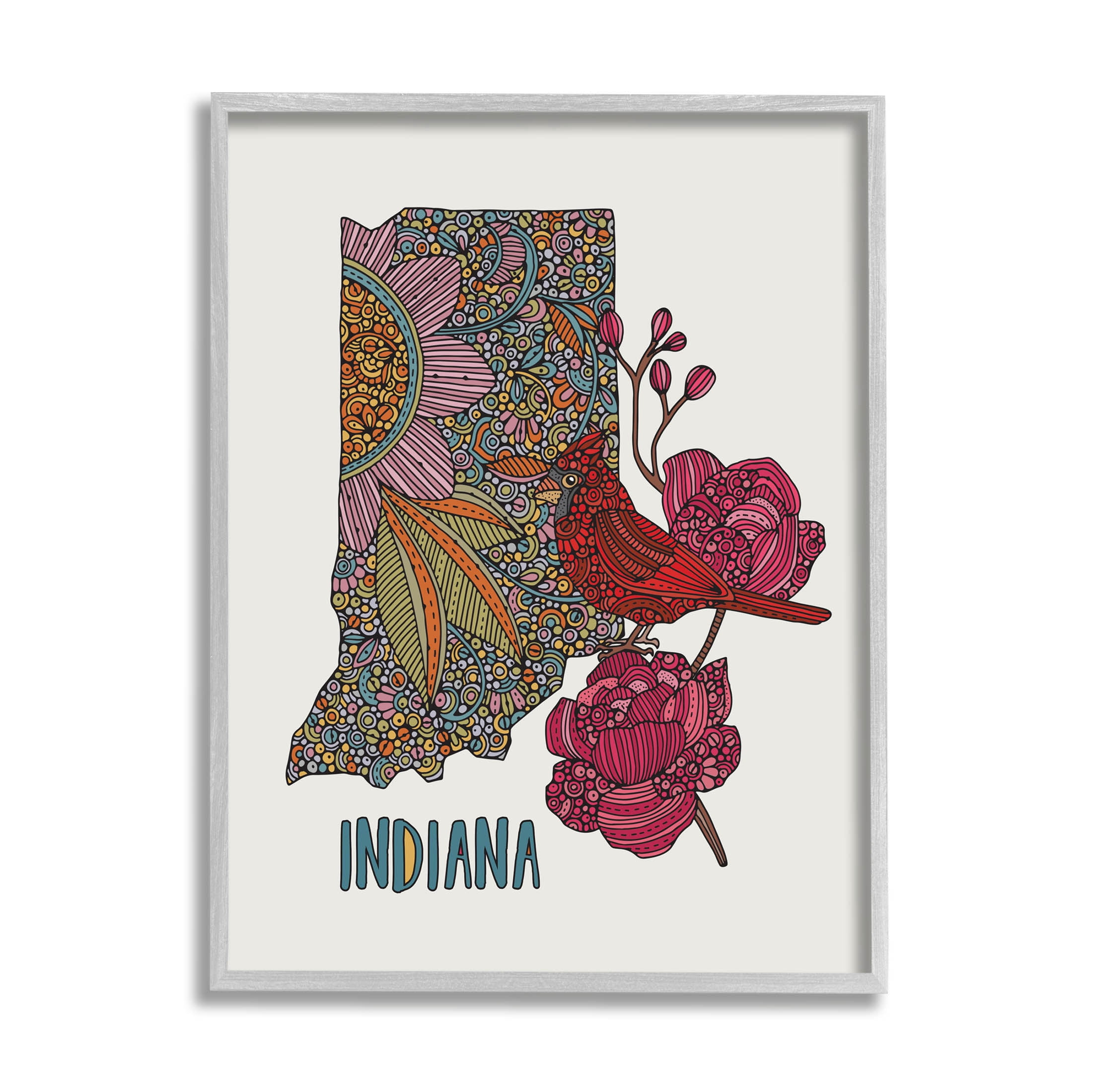 Stupell Industries Indiana State Bird Florals Graphic Art Gray Framed Art Print Wall Art, Design by Valentina Harper
