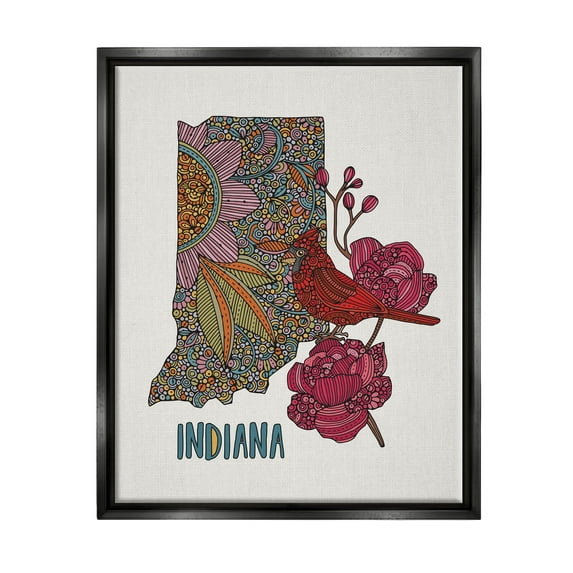 Stupell Industries Indiana State Bird Florals Graphic Art Jet Black Floating Framed Canvas Print Wall Art, Design by Valentina Harper