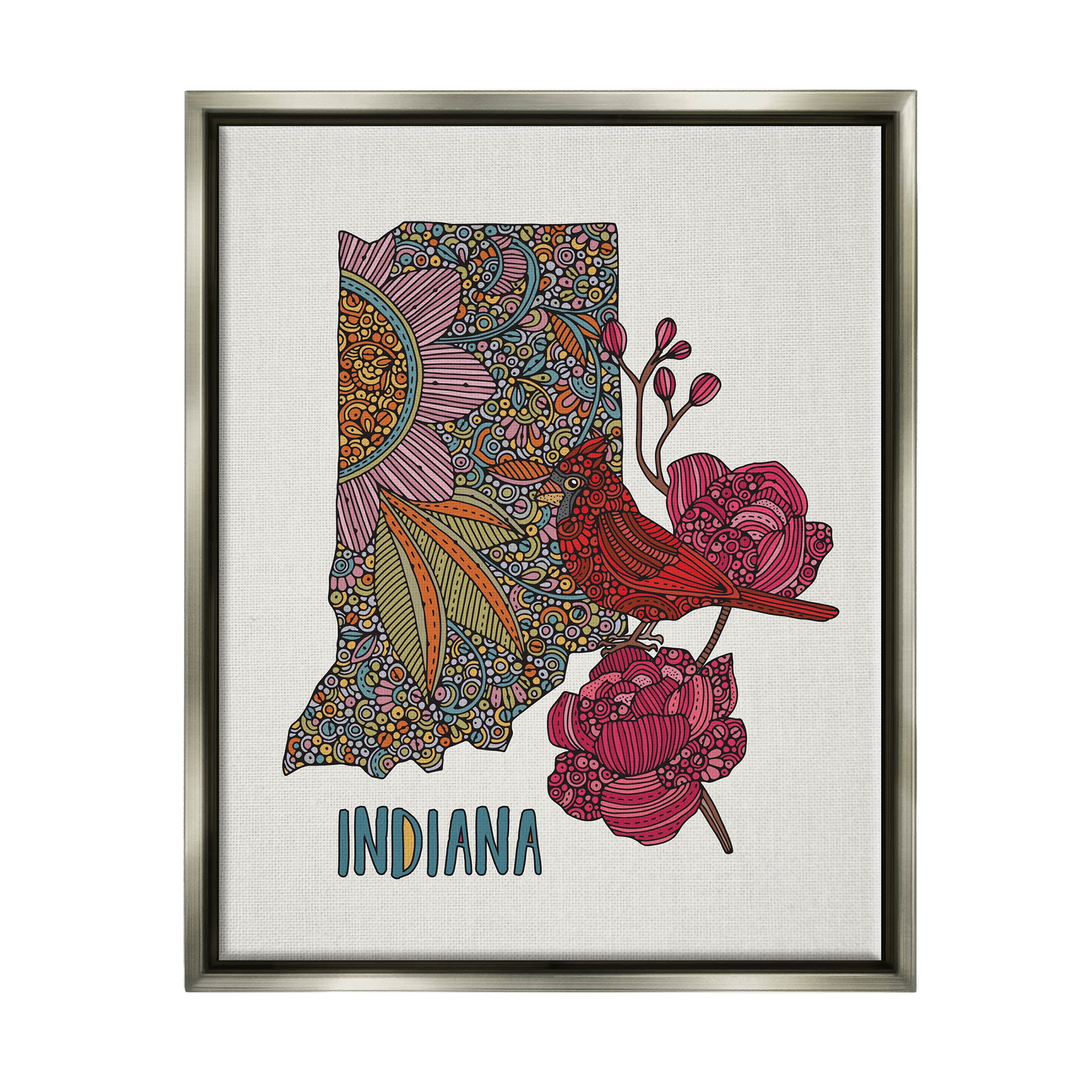 Stupell Industries Indiana State Bird Florals Graphic Art Luster Gray Floating Framed Canvas Print Wall Art, Design by Valentina Harper