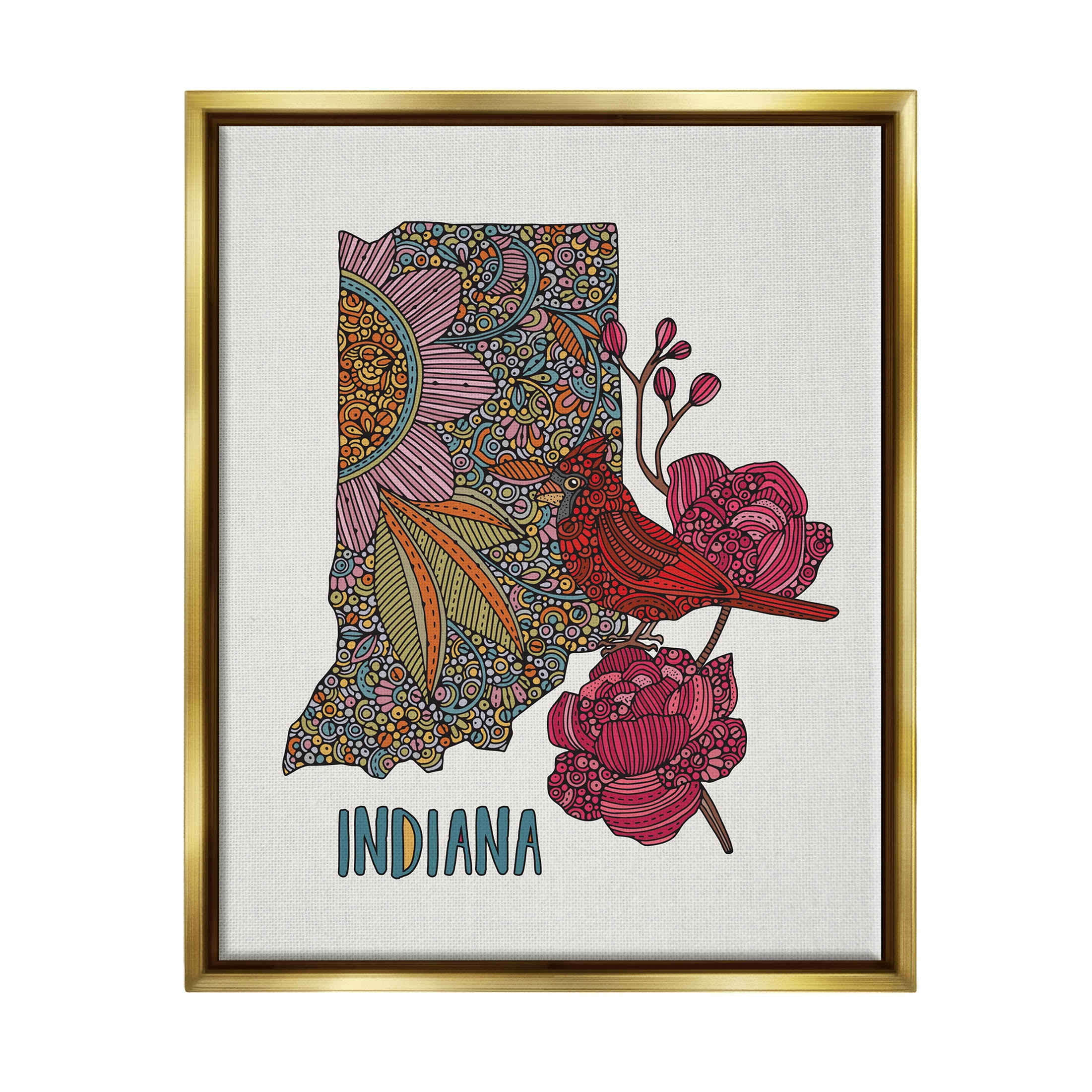 Stupell Industries Indiana State Bird Florals Graphic Art Metallic Gold Floating Framed Canvas Print Wall Art, Design by Valentina Harper