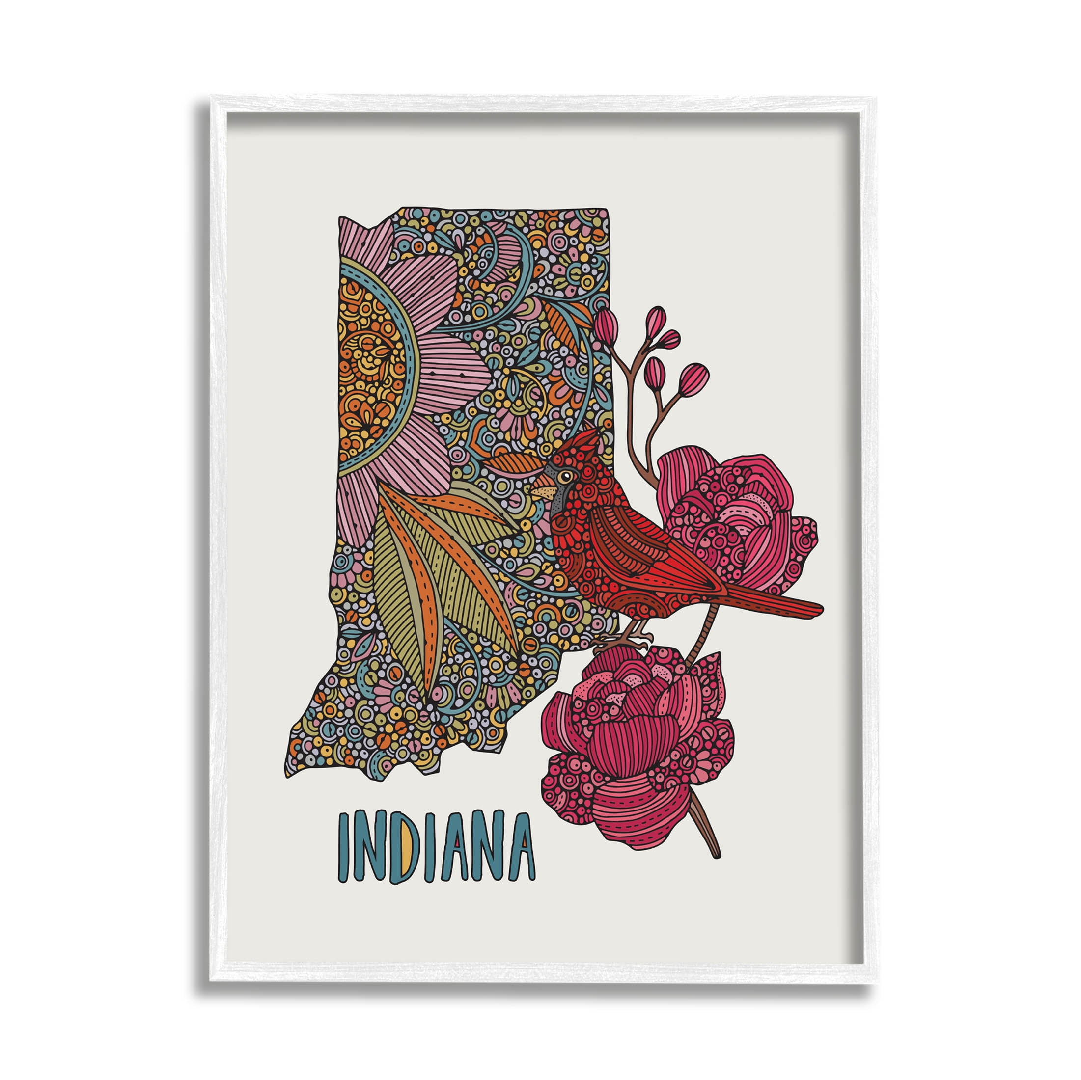 Stupell Industries Indiana State Bird Florals Graphic Art White Framed Art Print Wall Art, Design by Valentina Harper