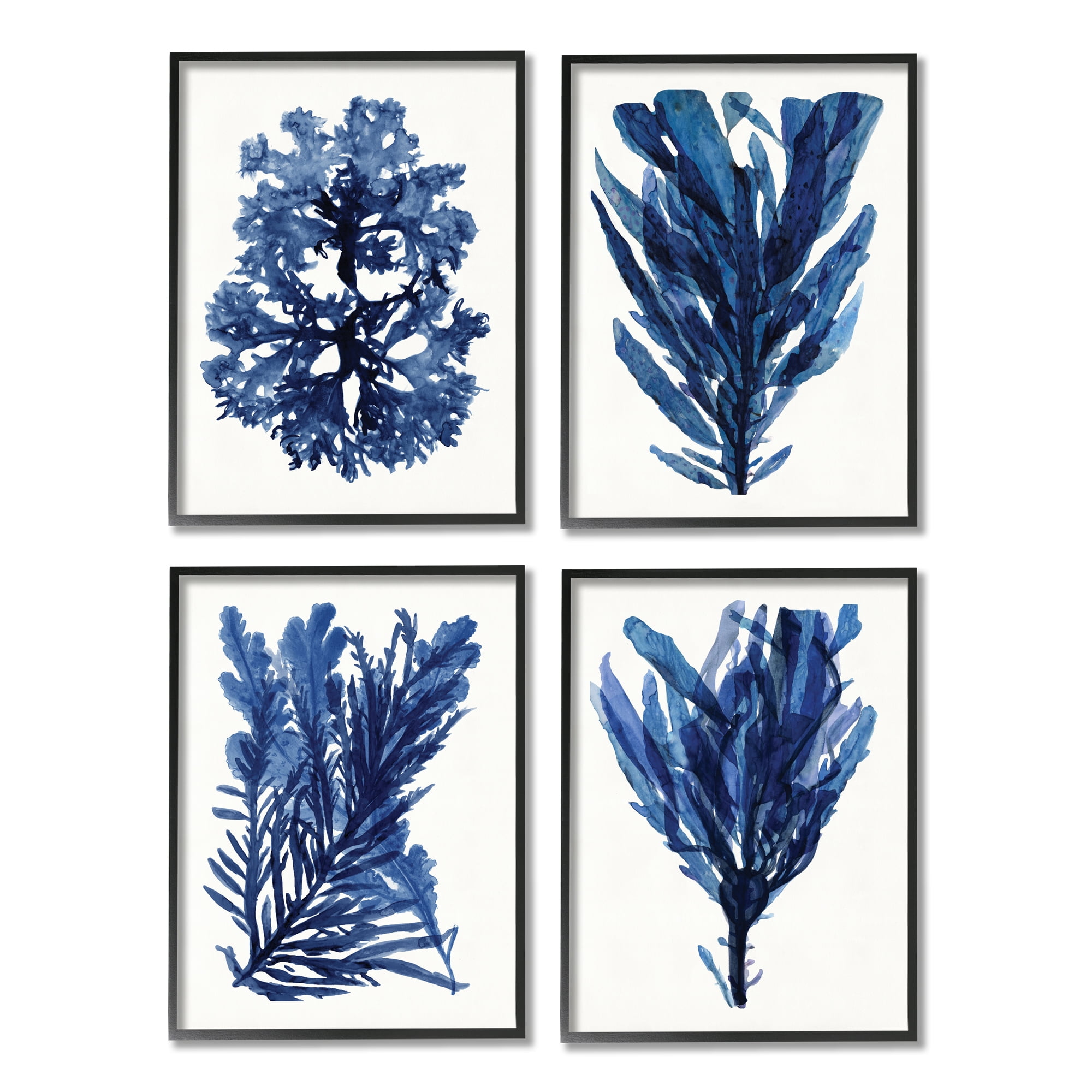 Stupell Industries Indigo Blue Ocean Plants Coastal Sea Kelp Nature Painting Black Framed Art Print Wall Art, 16 x 20, Set of 4