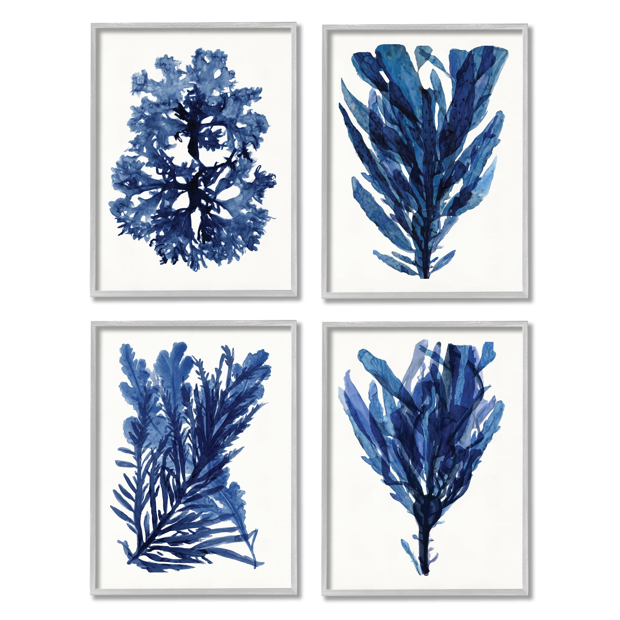 Stupell Industries Indigo Blue Ocean Plants Coastal Sea Kelp Nature Painting Gray Framed Art Print Wall Art, 11 x 14, Set of 4
