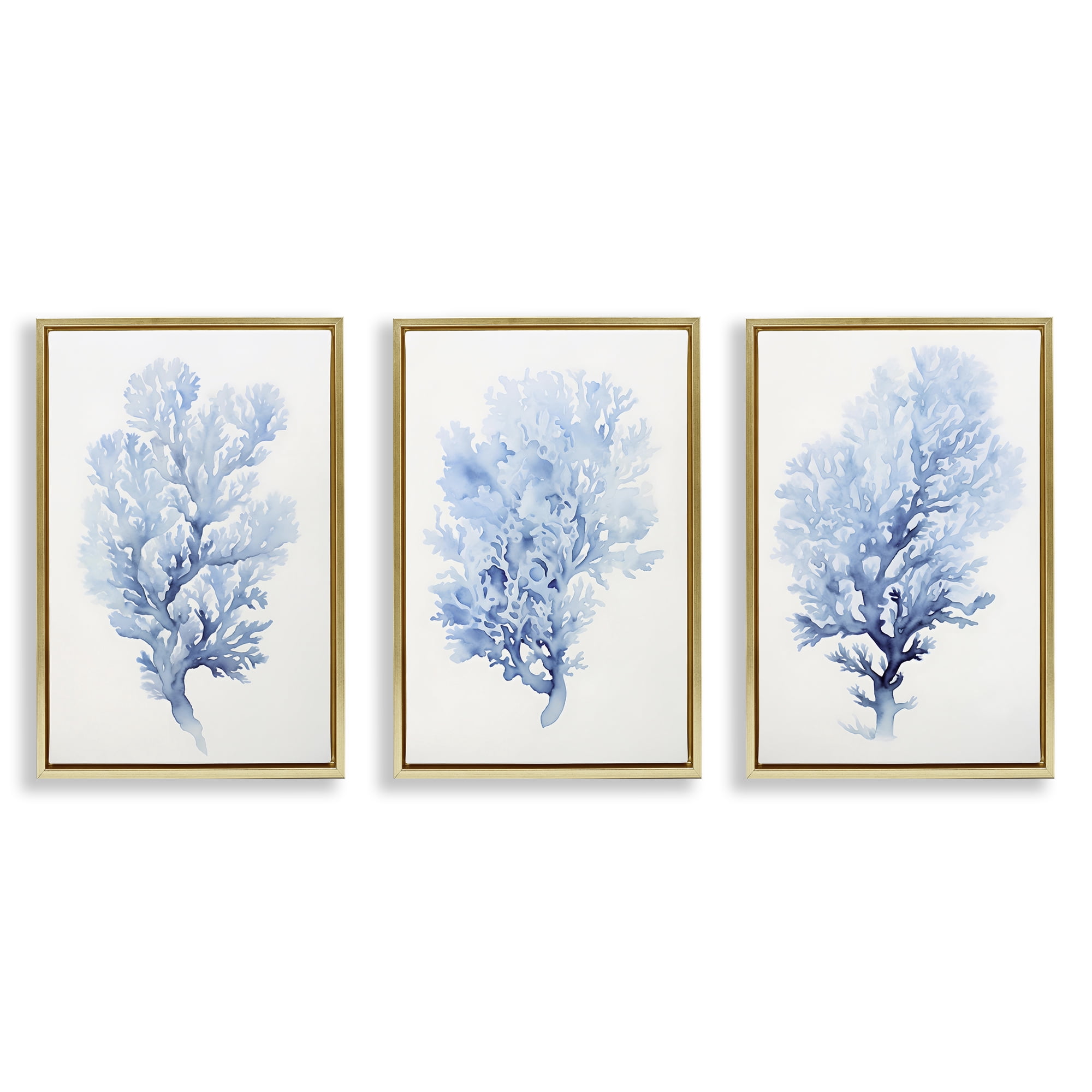 Stupell Industries Indigo Coral Watercolors Nautical & Beach Painting Gold Floater Framed Canvas Art Print Wall Art, 21 x 31, Set of 3