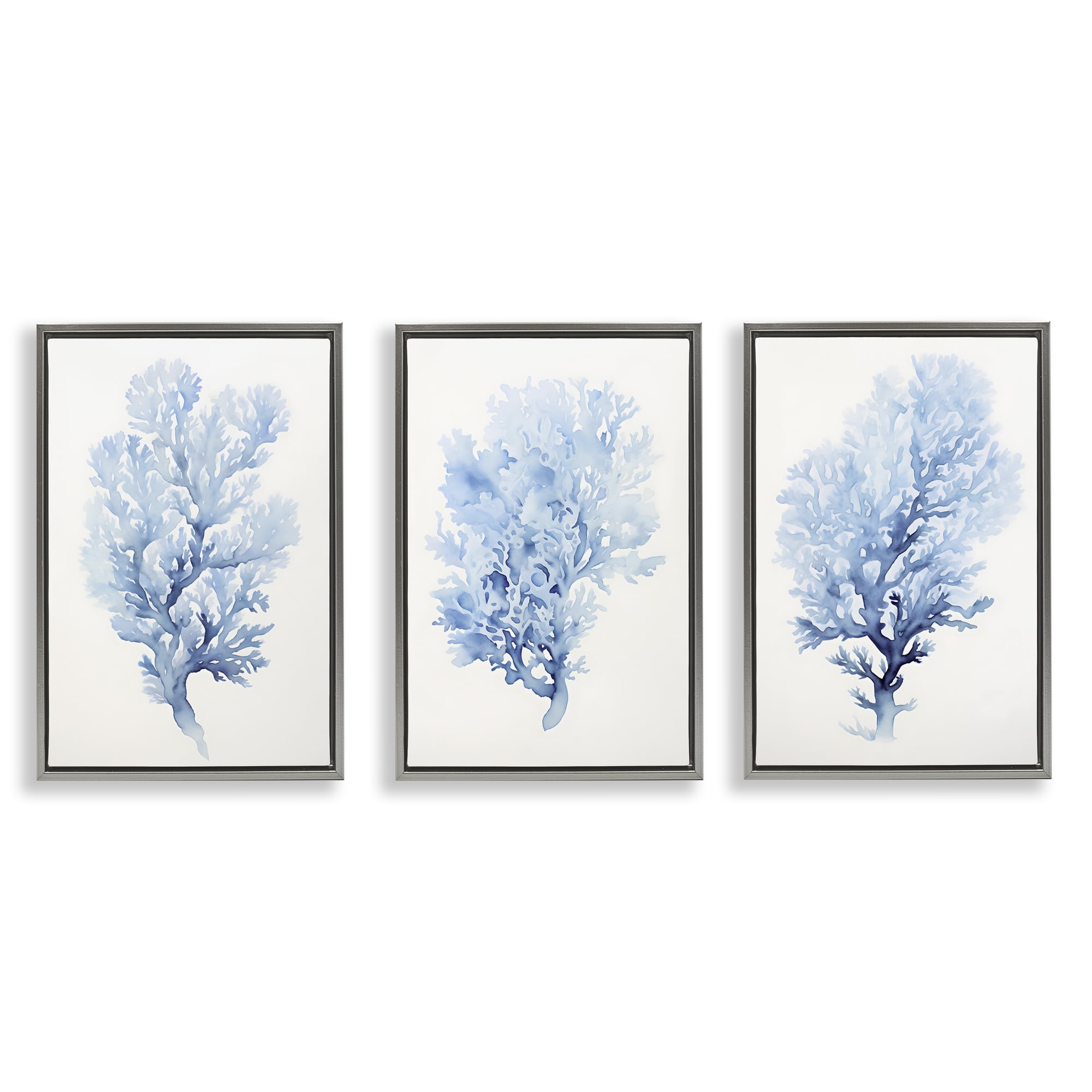 Stupell Industries Indigo Coral Watercolors Nautical & Beach Painting Gray Floater Framed Canvas Art Print Wall Art, 17 x 25, Set of 3
