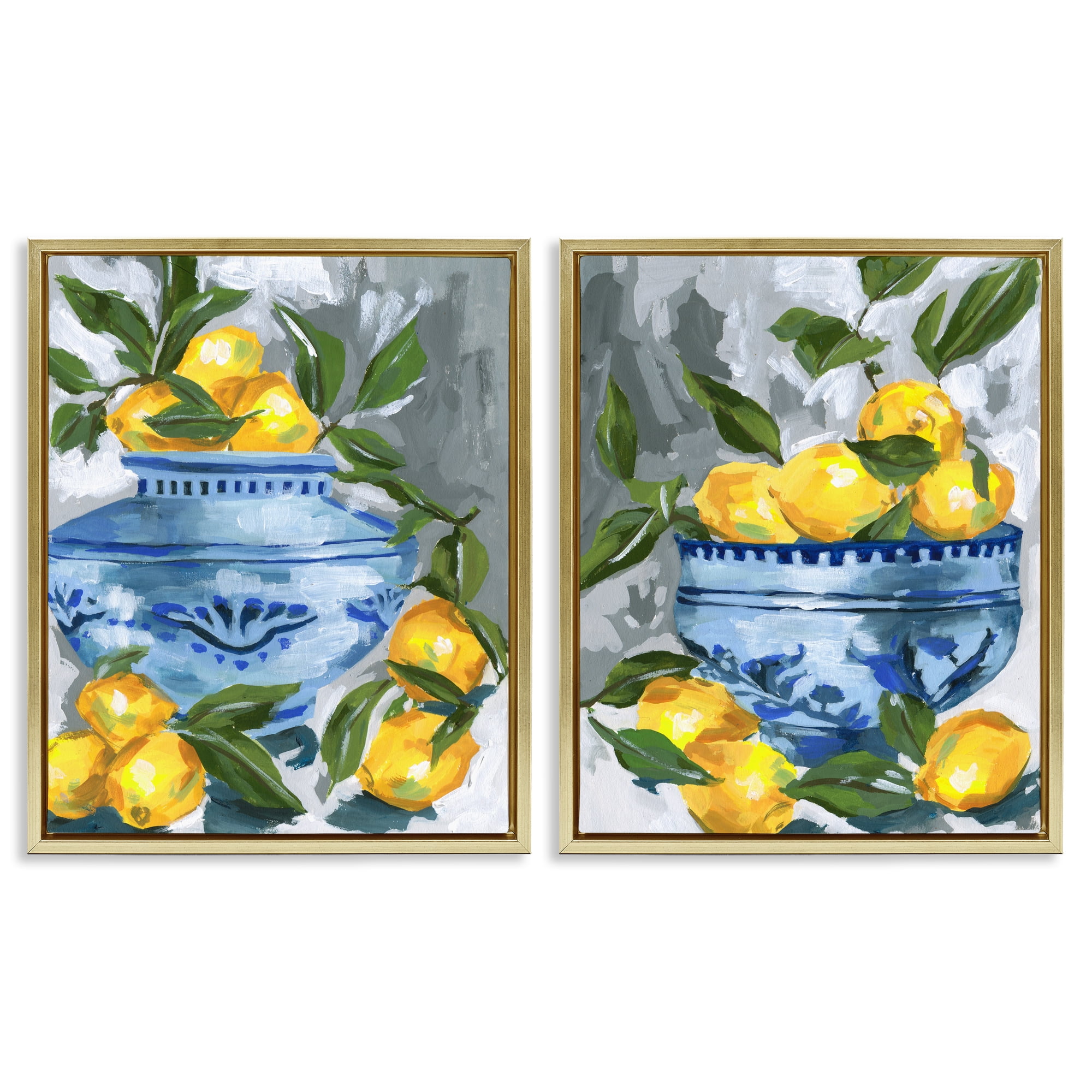 Stupell Industries Indigo & Lemon Citrus Fruits 2 Piece Gold Framed Floater Canvas Set, design by Melissa Wang