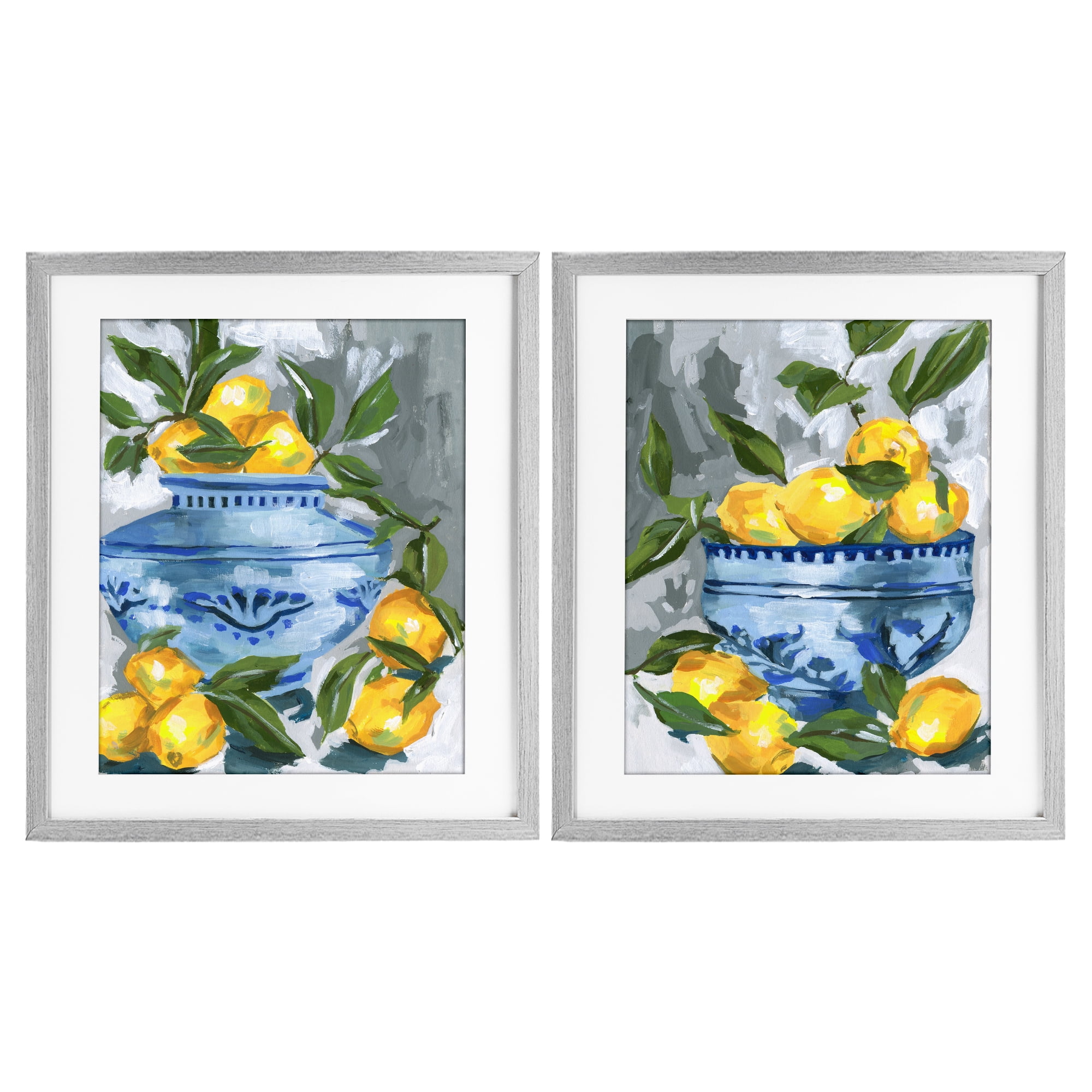 Stupell Industries Indigo & Lemon Citrus Fruits 2 Piece Gray Framed Print Under Glass Set, design by Melissa Wang