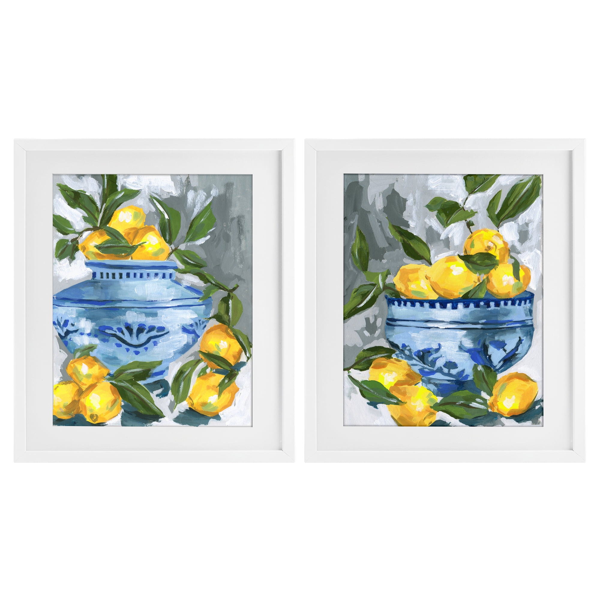 Stupell Industries Indigo & Lemon Citrus Fruits 2 Piece White Framed Print Under Glass Set, design by Melissa Wang