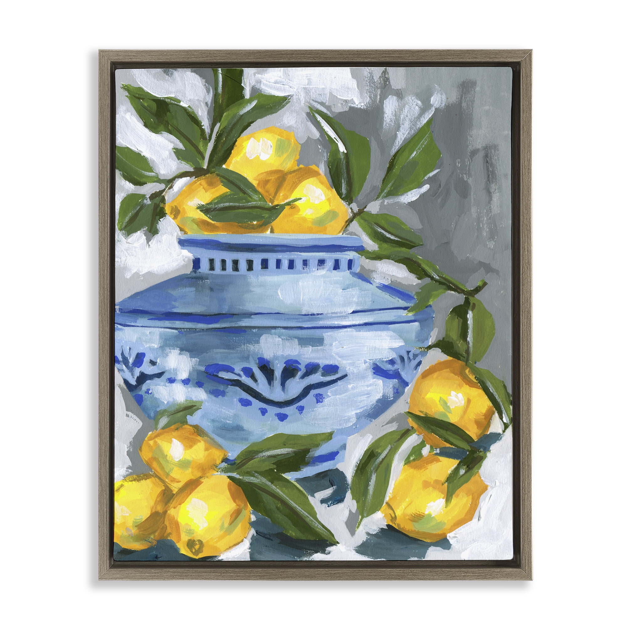 Stupell Industries Indigo & Lemon Vase Brown Framed Floater Canvas Wall Art, design by Melissa Wang