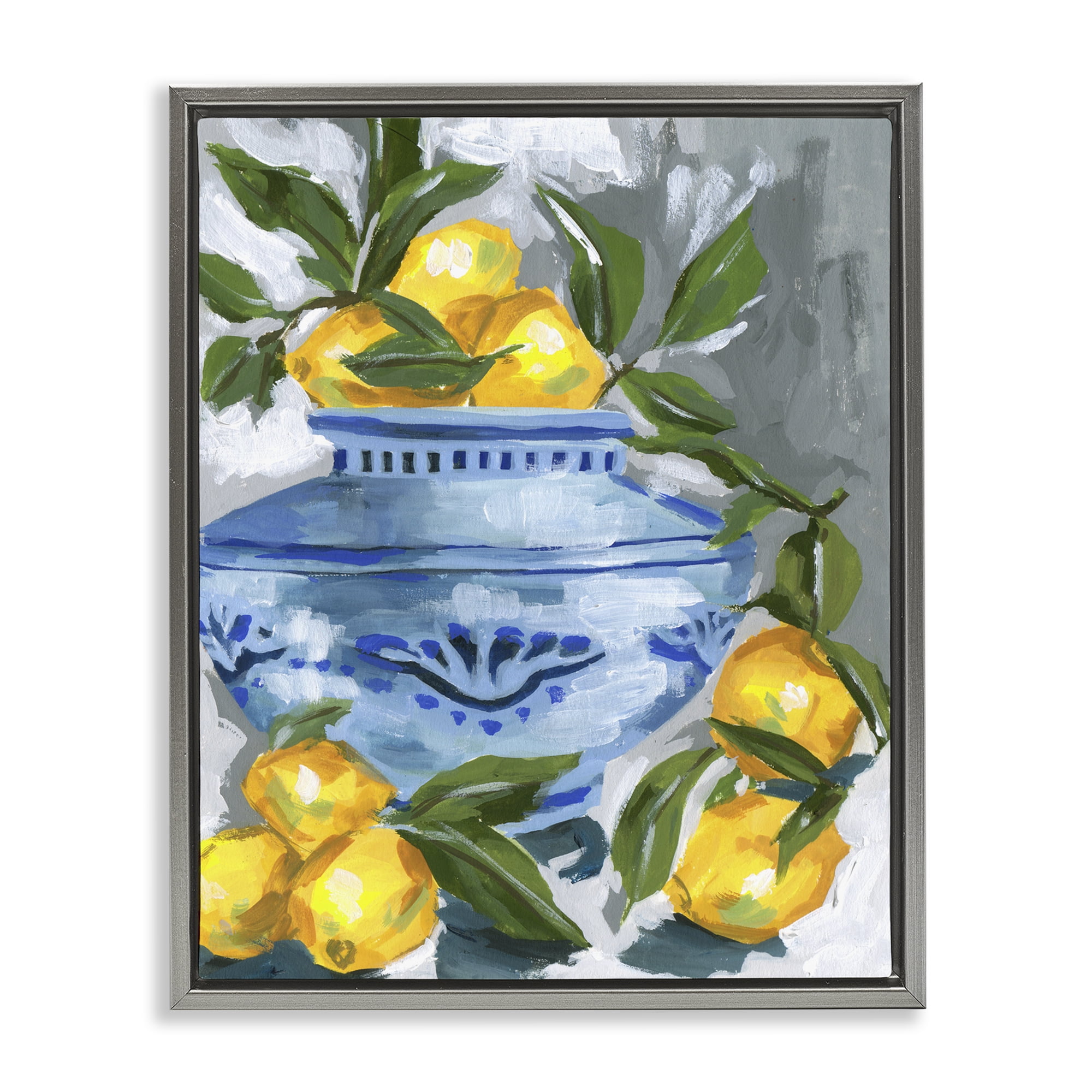 Stupell Industries Indigo & Lemon Vase Gray Framed Floater Canvas Wall Art, design by Melissa Wang