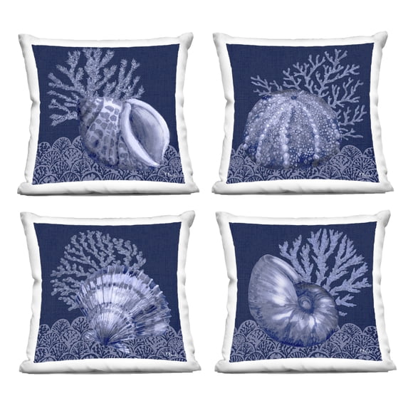 Stupell Industries Indigo Nautical Seashells 18" x 18" Nautical & Beach Print Polyester Decorative Pillow Set, Zip Closure 4 Count