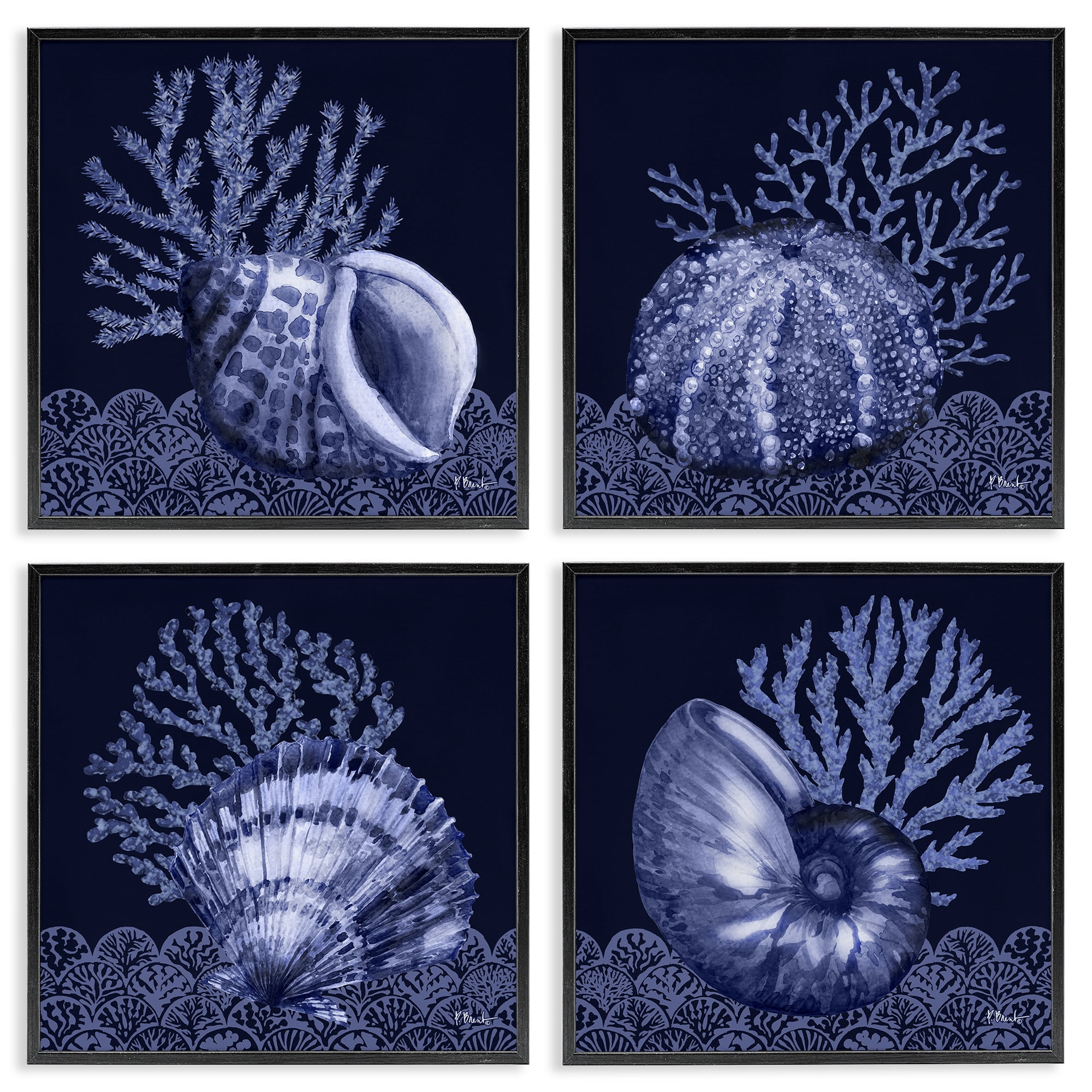 Stupell Industries Indigo Nautical Seashells Nautical & Beach Painting Black Framed Art Print Wall Art, 12 x 12, Set of 4