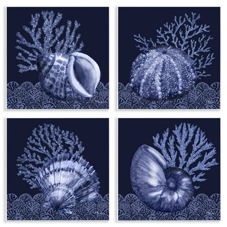 Stupell Industries Indigo Nautical Seashells Nautical & Beach Painting Unframed Art Print Wall Art, 12 x 12, Set of 4