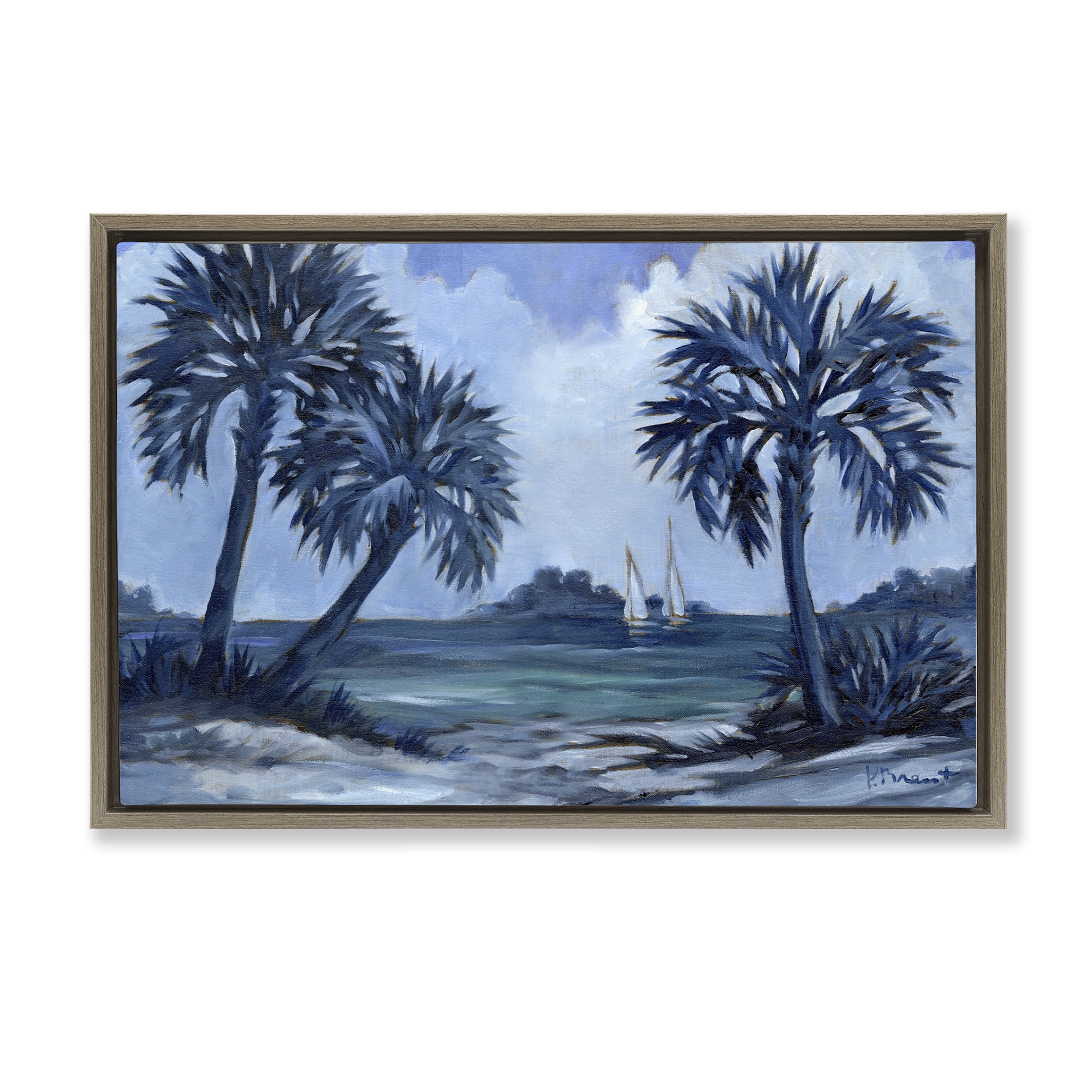 Stupell Industries Indigo Palms Impressions Landscape Painting Brown Floater Framed Canvas Art Print Wall Art, 31 x 21