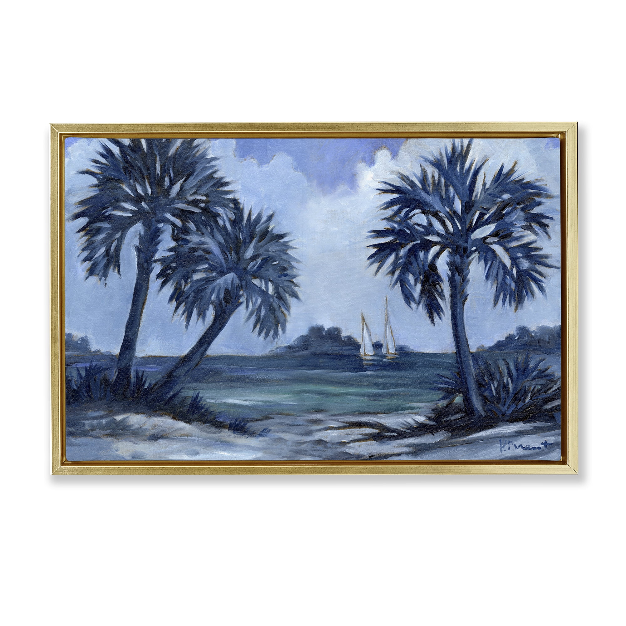Stupell Industries Indigo Palms Impressions Landscape Painting Gold Floater Framed Canvas Art Print Wall Art, 31 x 21