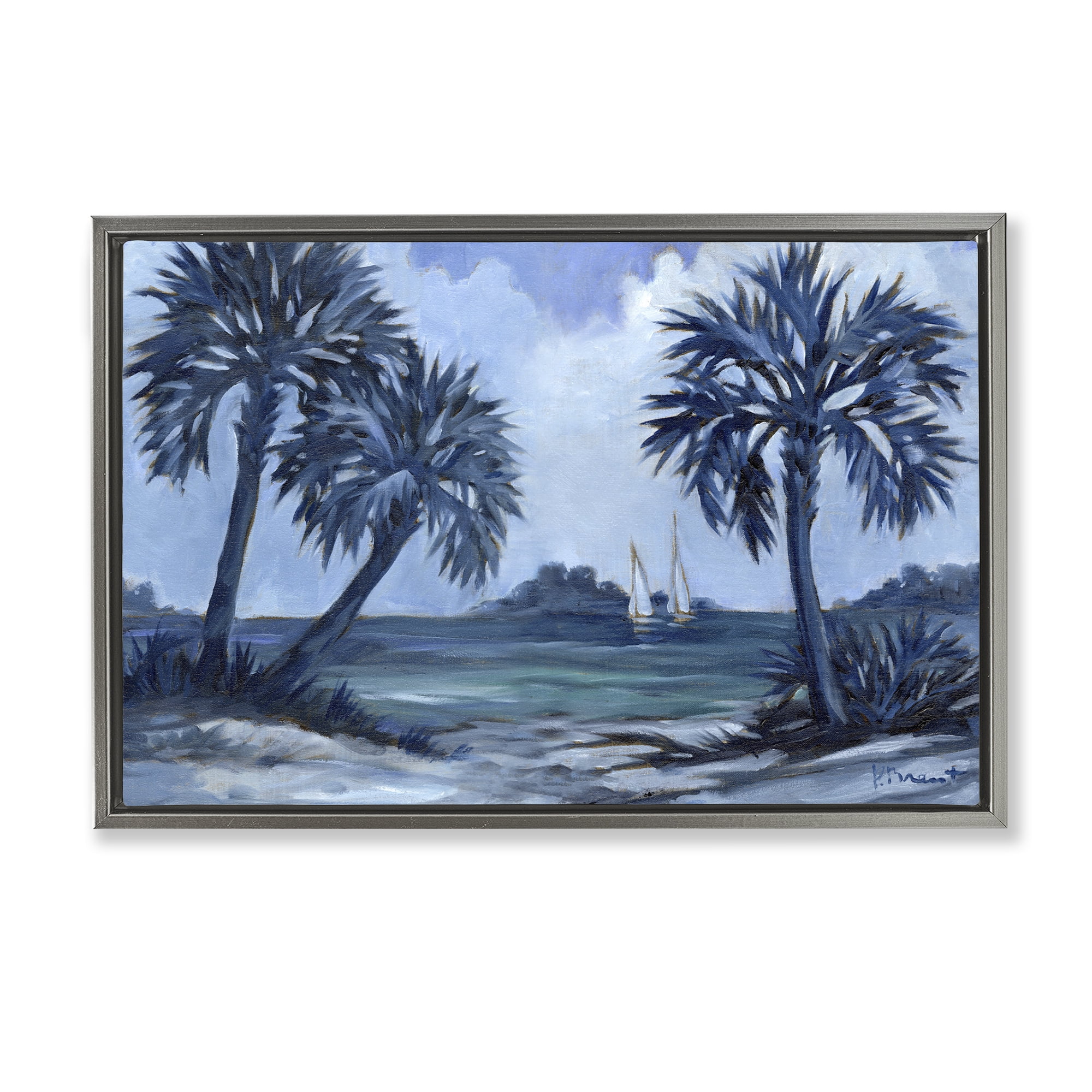 Stupell Industries Indigo Palms Impressions Landscape Painting Gray Floater Framed Canvas Art Print Wall Art, 25 x 17