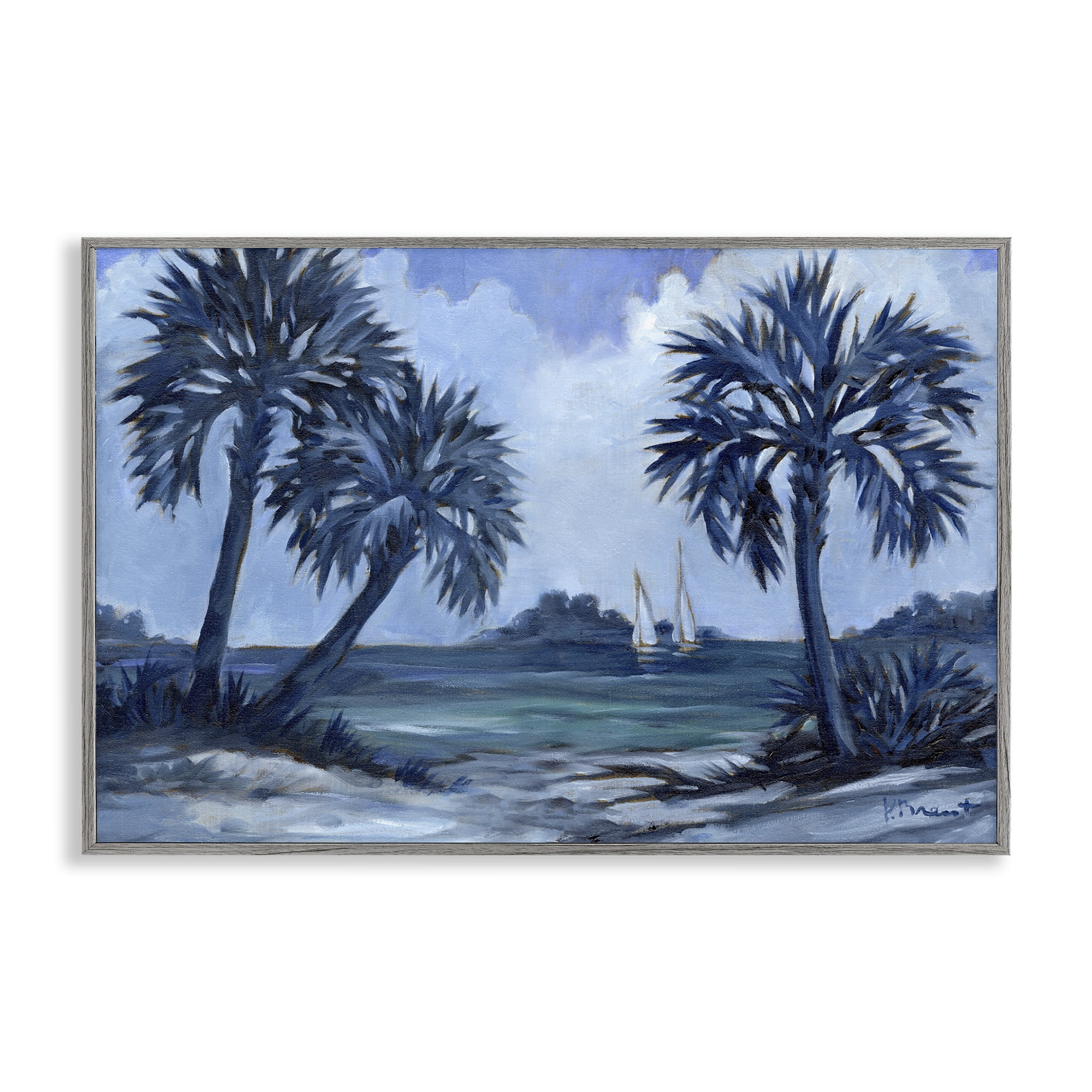 Stupell Industries Indigo Palms Impressions Landscape Painting Gray Framed Art Print Wall Art, 30 x 20
