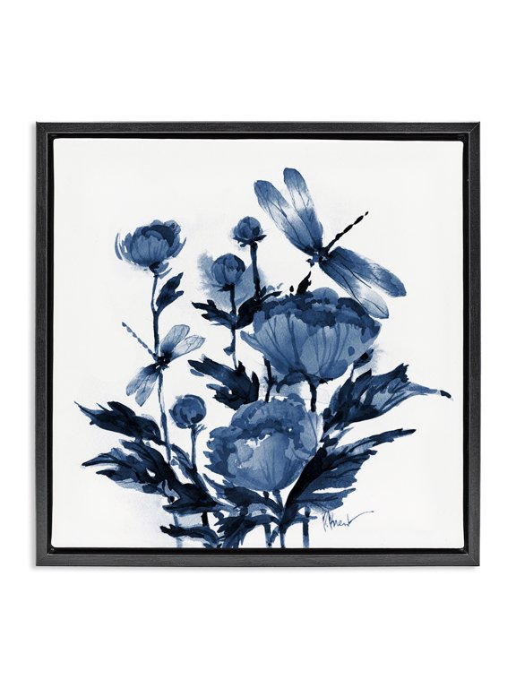 Industries Shabby Chic Indigo Peonies & Dragonflies Black Floating Frame Canvas Art, 25 x 25, by Paul Brent