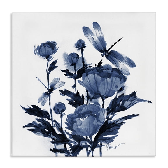 Stupell Industries Indigo Peonies & Dragonflies Canvas Wall Art design by Paul Brent, 24 x 24