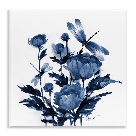 Stupell Industries Indigo Peonies & Dragonflies Wall Plaque Art design by Paul Brent, 12 x 12