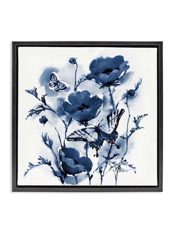 Industries Shabby Chic Indigo Poppies & Butterflies Black Floating Frame Canvas Art, 25 x 25, by Paul Brent