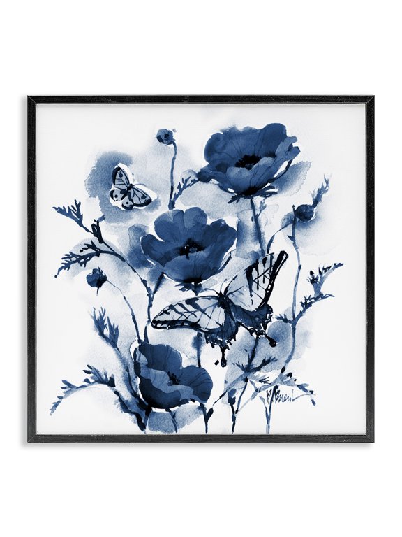 Industries Shabby Chic Indigo Poppies & Butterflies Black Framed Giclee Art, 12 x 12, by Paul Brent